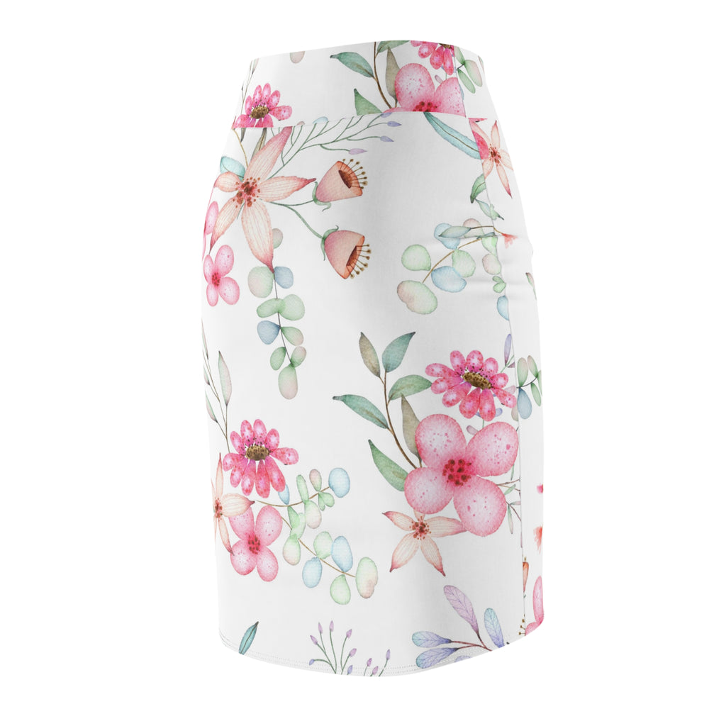 Floral Watercolor Pencil Skirt — Pink Garden Print