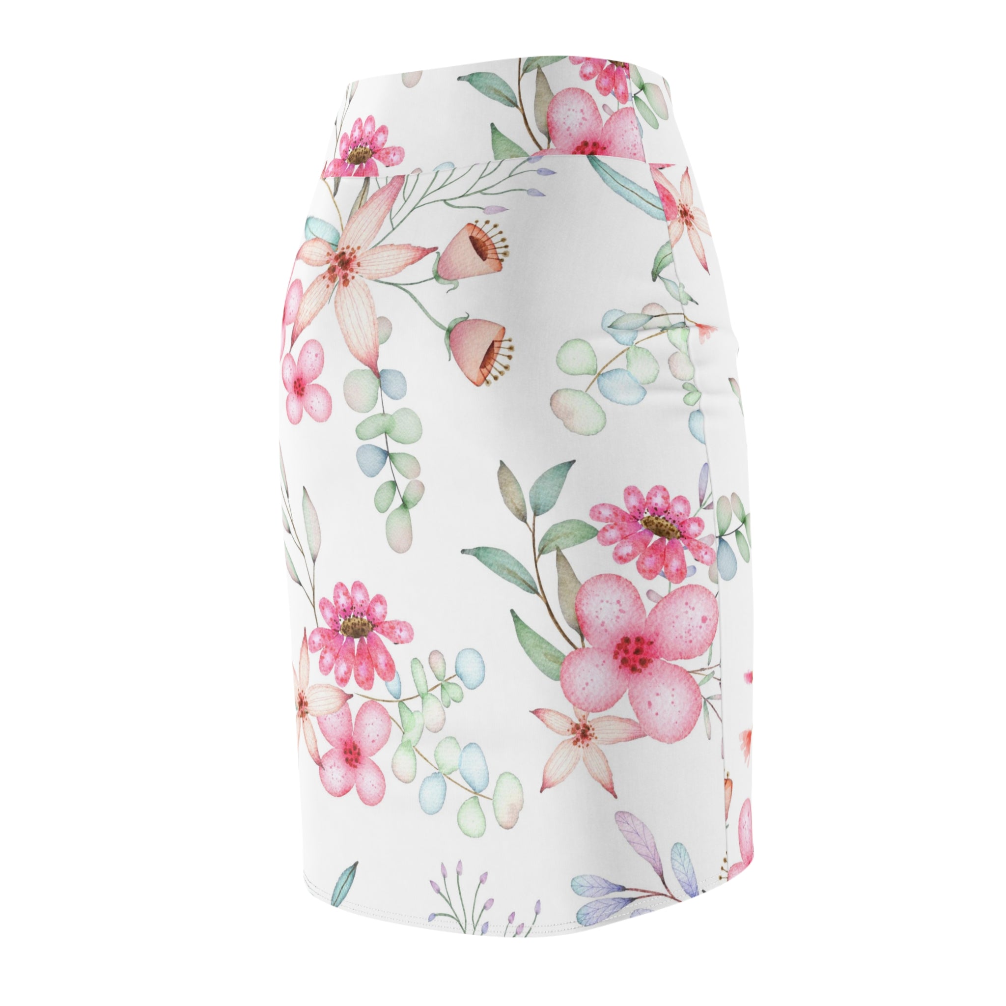 Floral Watercolor Pencil Skirt — Pink Garden Print