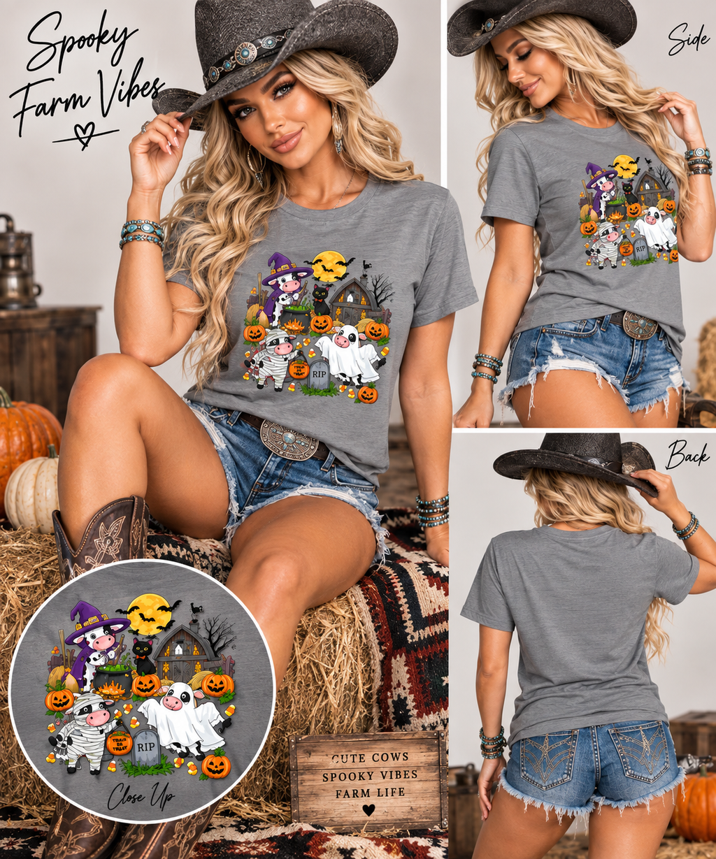 Spooky Farm Halloween Cows Women’s T-Shirt  Cute Trick or Treat Cow Tee