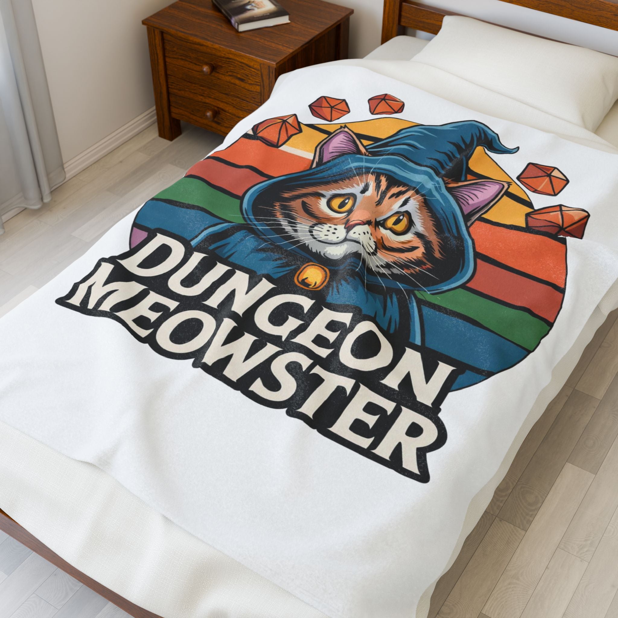 Dungeon Meowster Velveteen Plush Blanket — Cute Wizard Cat Throw for Gamers