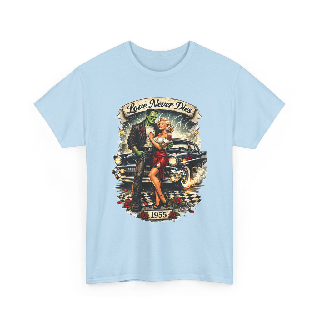 1950s Pinup Car Tee — "Love Never Dies" Vintage Rockabilly T-Shirt