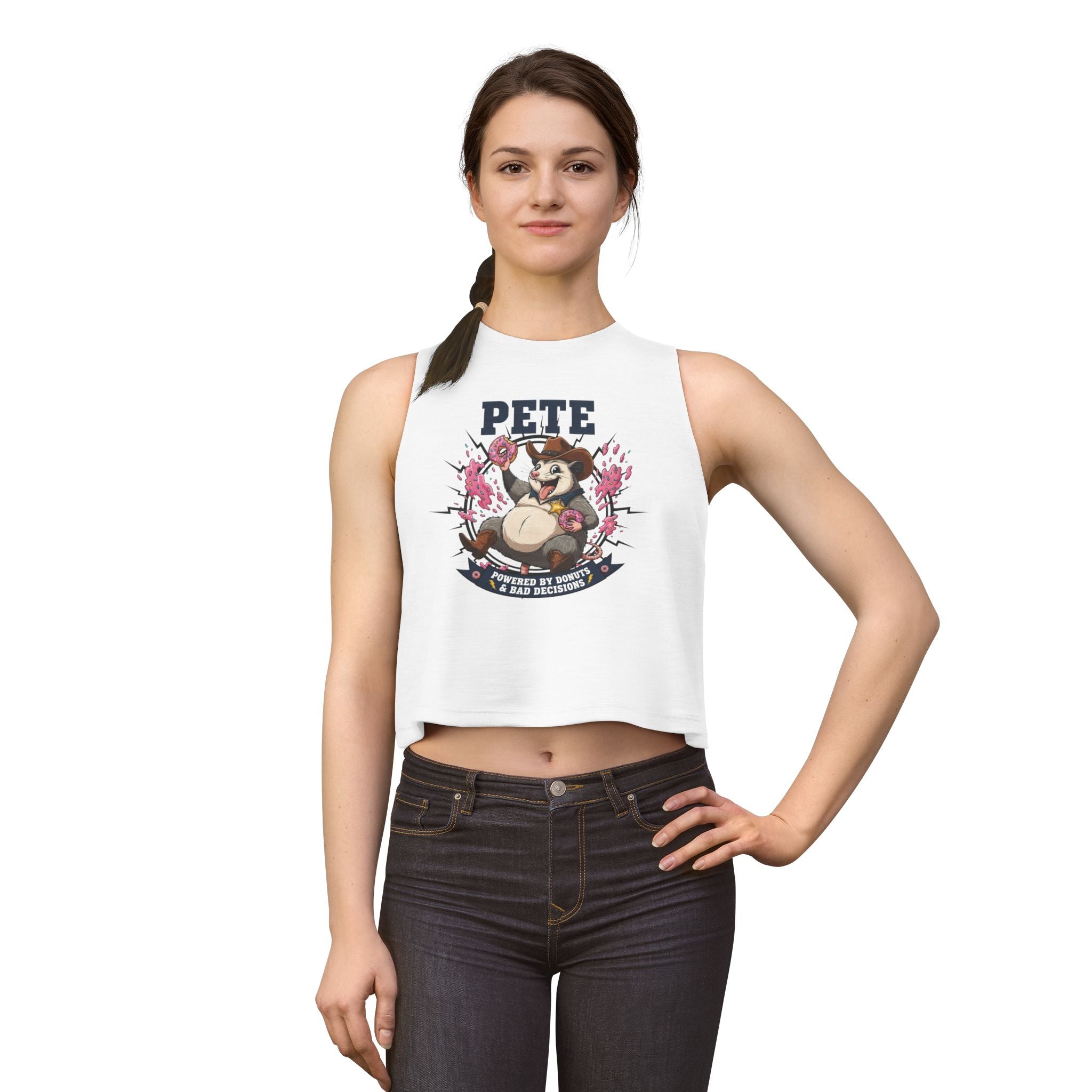 Pete Donut-Loving Raccoon Crop Top — "Powered by Donuts & Bad Decisions"
