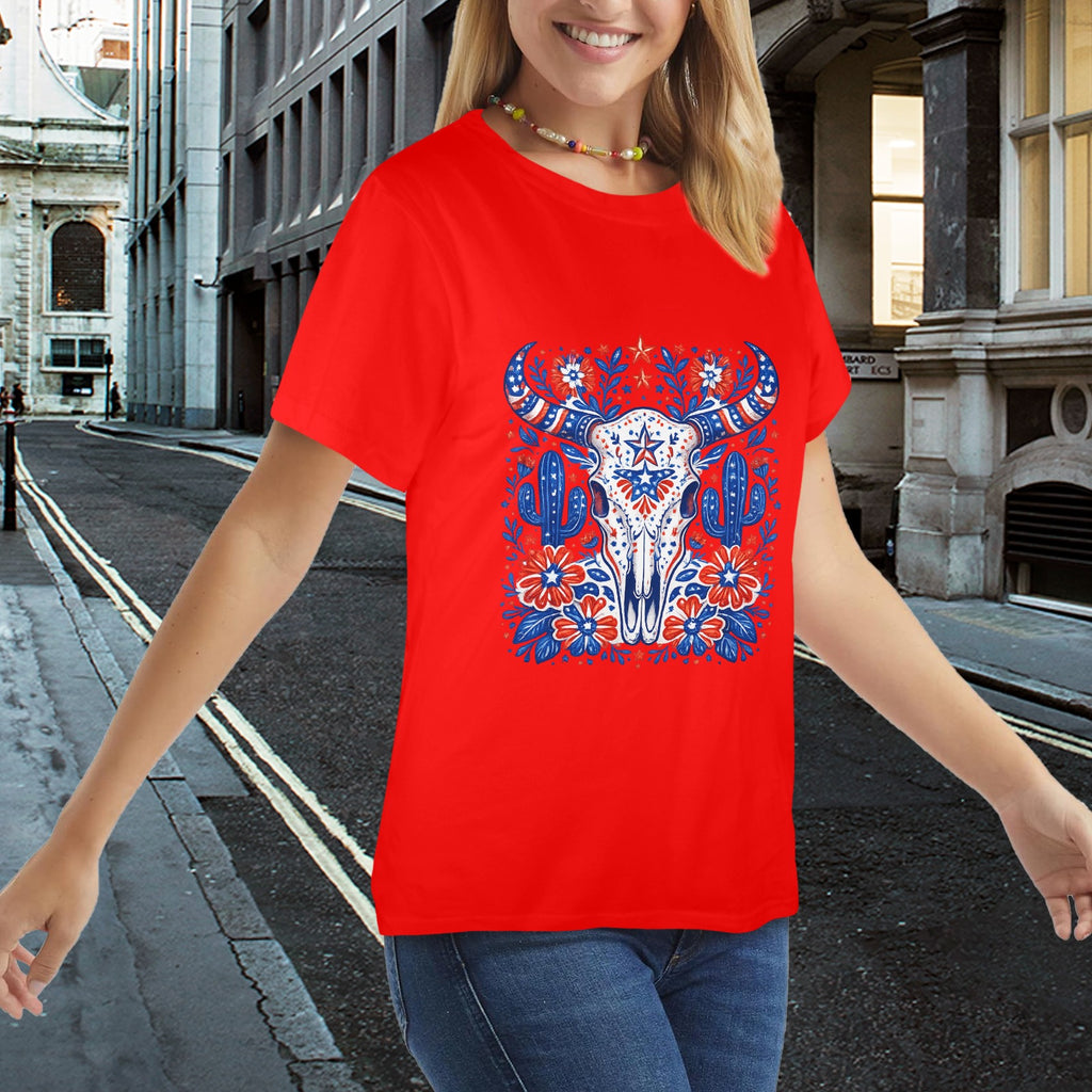 Patriotic Bull Skull T-Shirt — Western Folk Art Floral Longhorn Tee