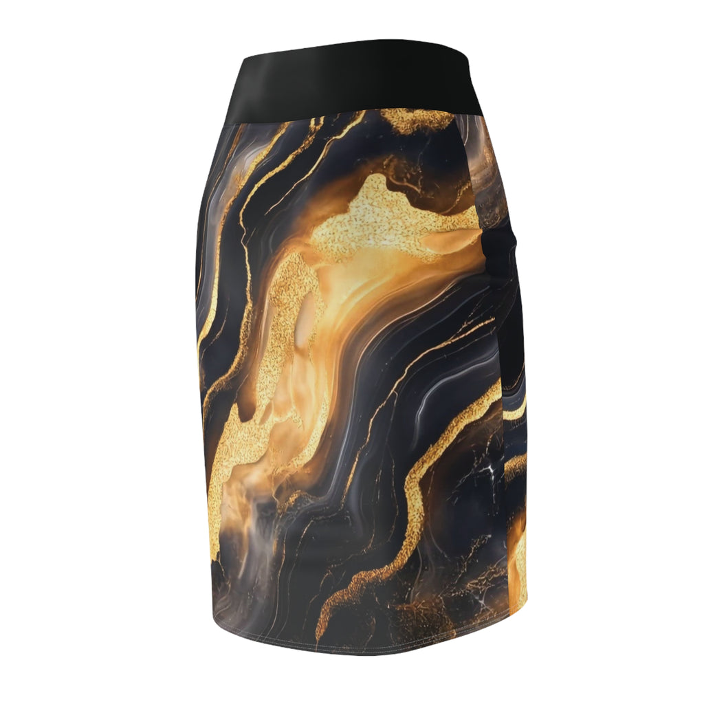 Gold Marble Pencil Skirt — Luxe Black & Gold Abstract Print
