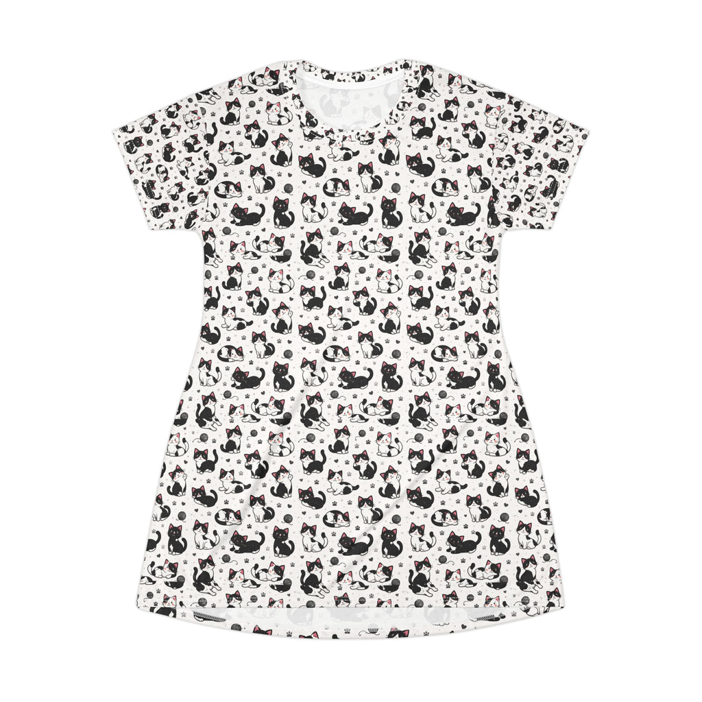 Cat Pattern T-Shirt Sleep Dress — Black & White Cat