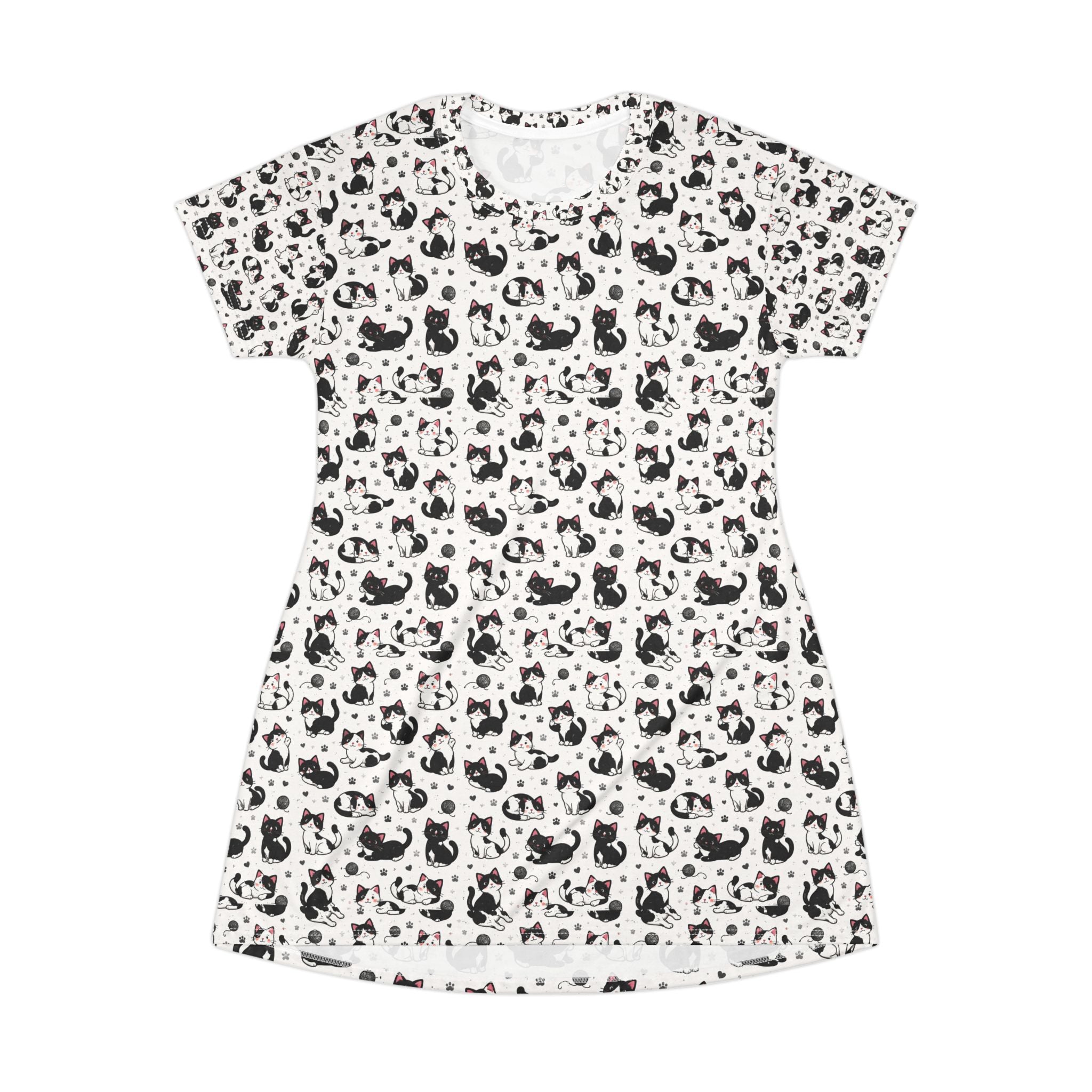Cat Pattern T-Shirt Sleep Dress — Black & White Cat