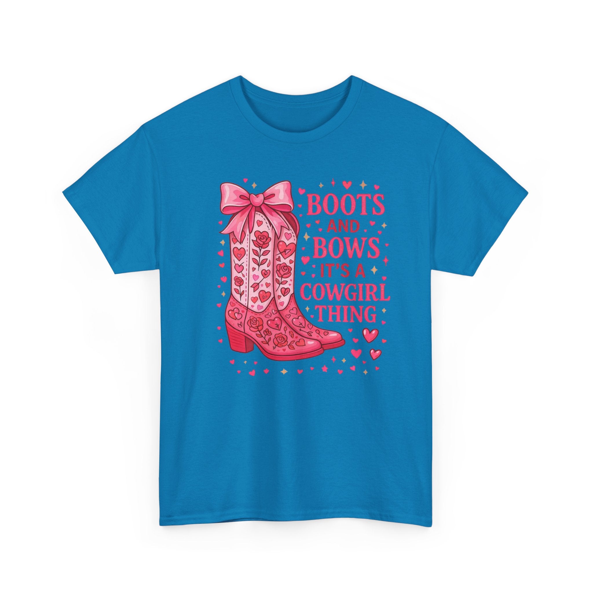 Cowgirl Boots and Bows T‑Shirt — "Boots and Bows, It's a Cowgirl Thing" Pink Western Tee  Trendy Farm