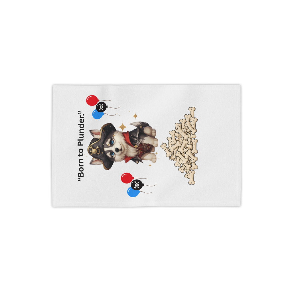Born to Plunder Pirate Puppy Beach Towel — Cute Husky Pirate with Bones & Balloons