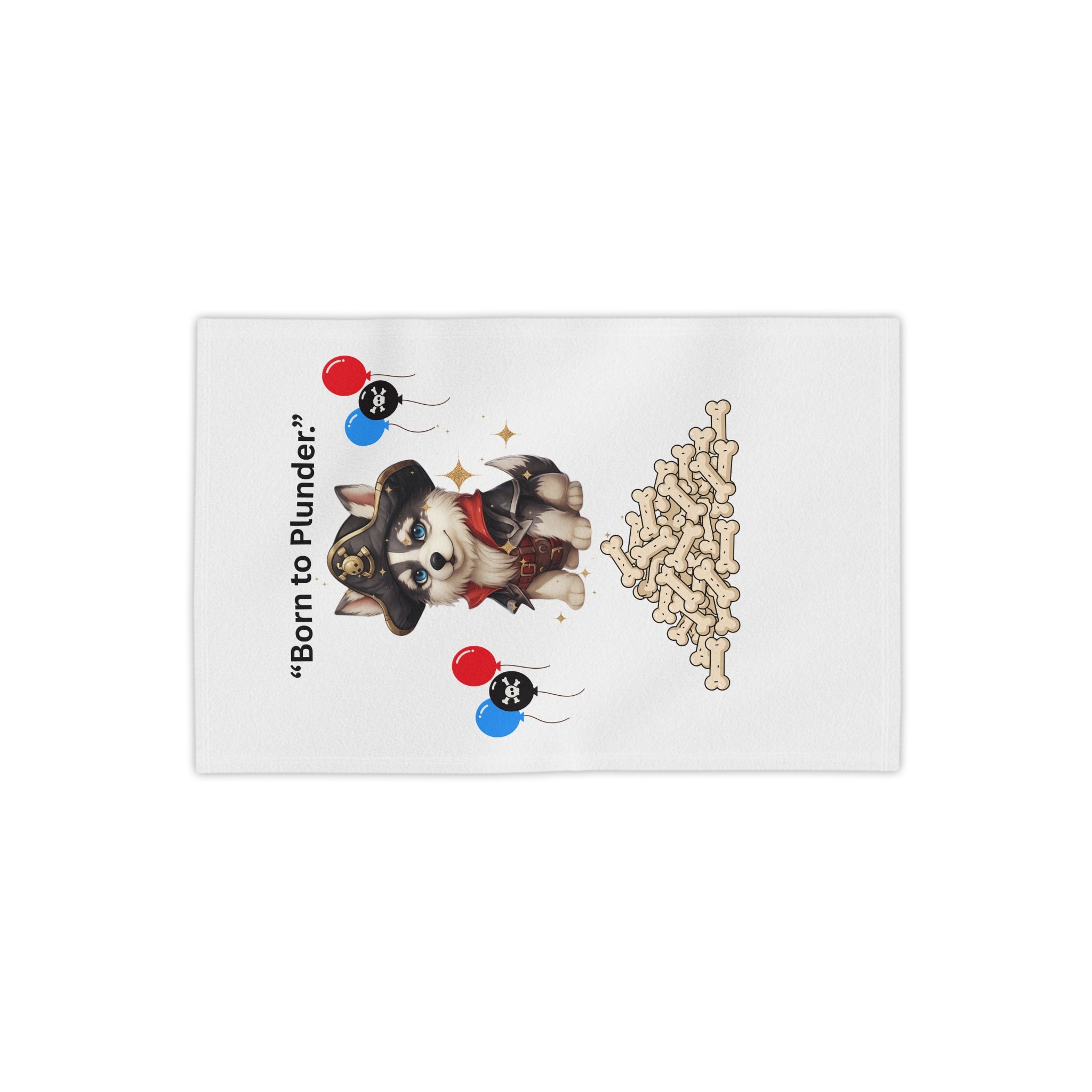 Born to Plunder Pirate Puppy Beach Towel — Cute Husky Pirate with Bones & Balloons