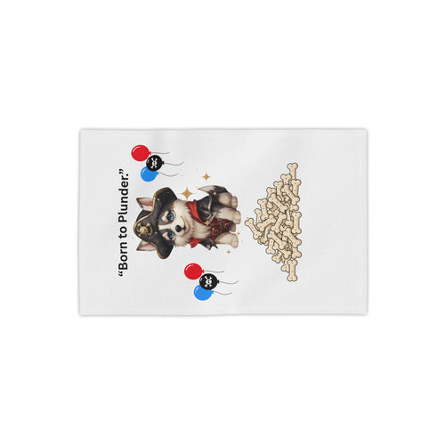Born to Plunder Pirate Puppy Beach Towel — Cute Husky Pirate with Bones & Balloons