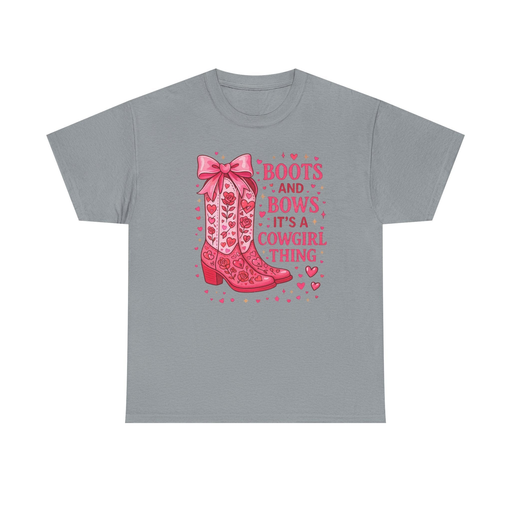 Cowgirl Boots and Bows T‑Shirt — "Boots and Bows, It's a Cowgirl Thing" Pink Western Tee  Trendy Farm