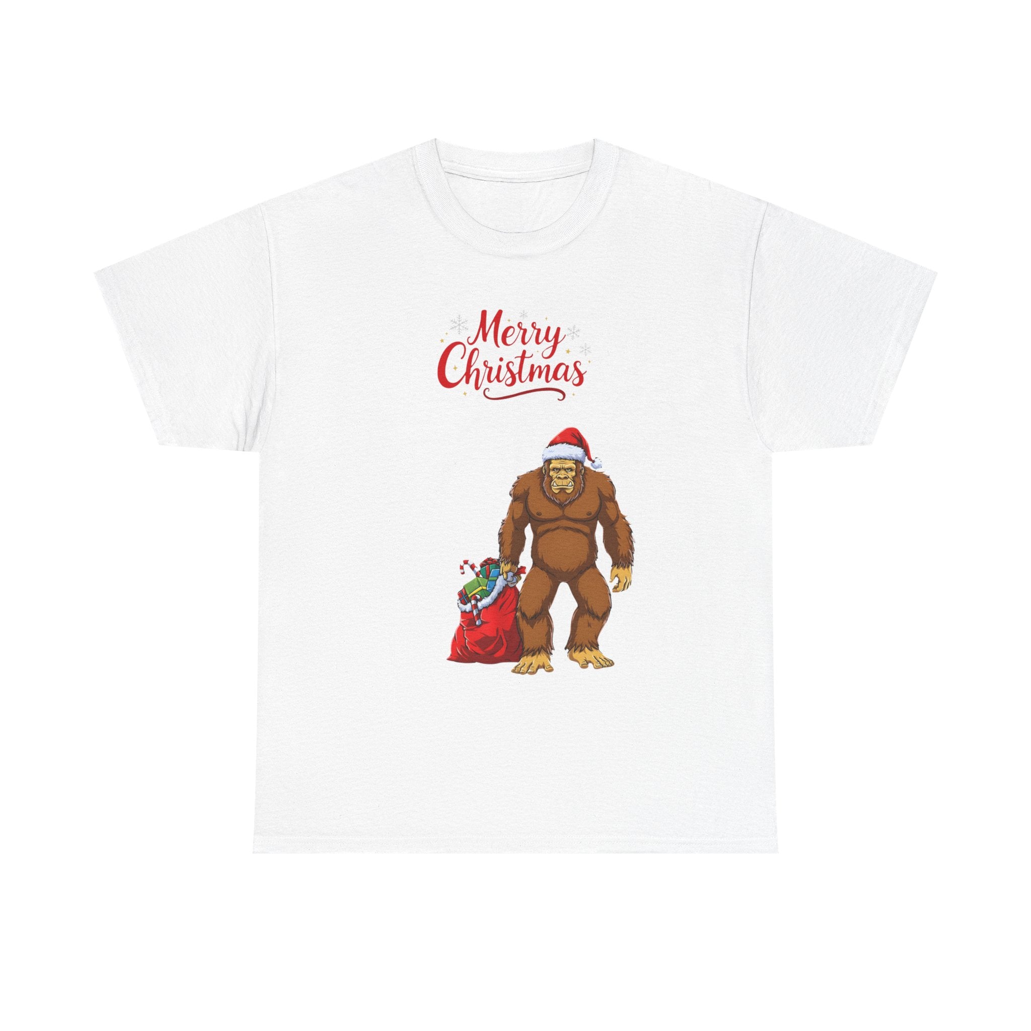 Christmas Sasquatch T-Shirt — "Merry Christmas" Bigfoot with Santa Hat & Gift Sack
