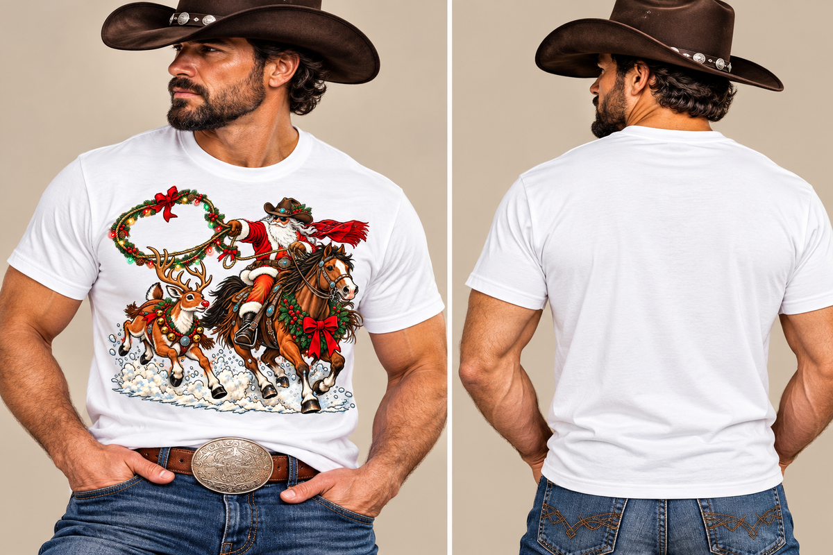 Cowboy Santa & Reindeer Rodeo Christmas Shirt  Men’s Western Holiday Tee🦌