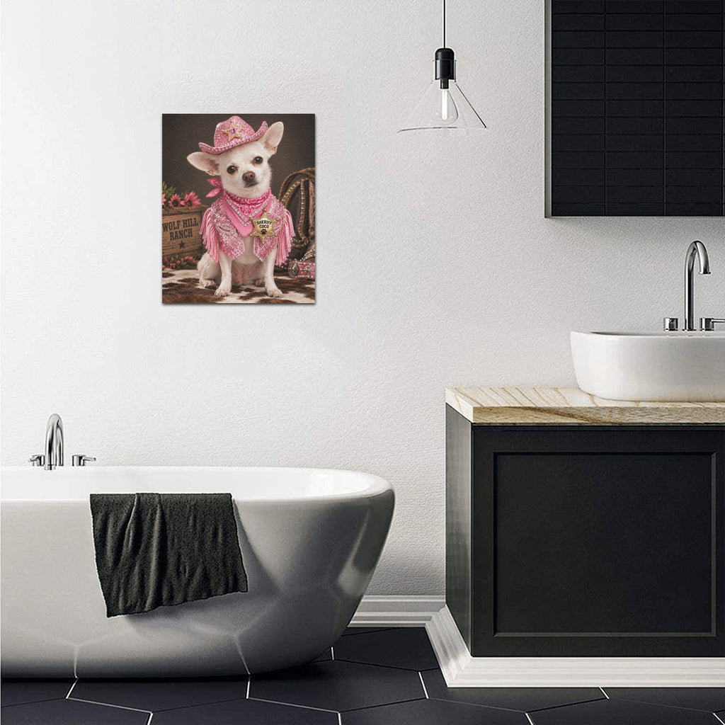 Frame Canvas Print 8"x10"(Made in USA)      Sheriff Coco Western Canvas Wall Art – Pink Cowgirl Chihuahua Ranch Decor – Western Dog Lover Home Decor