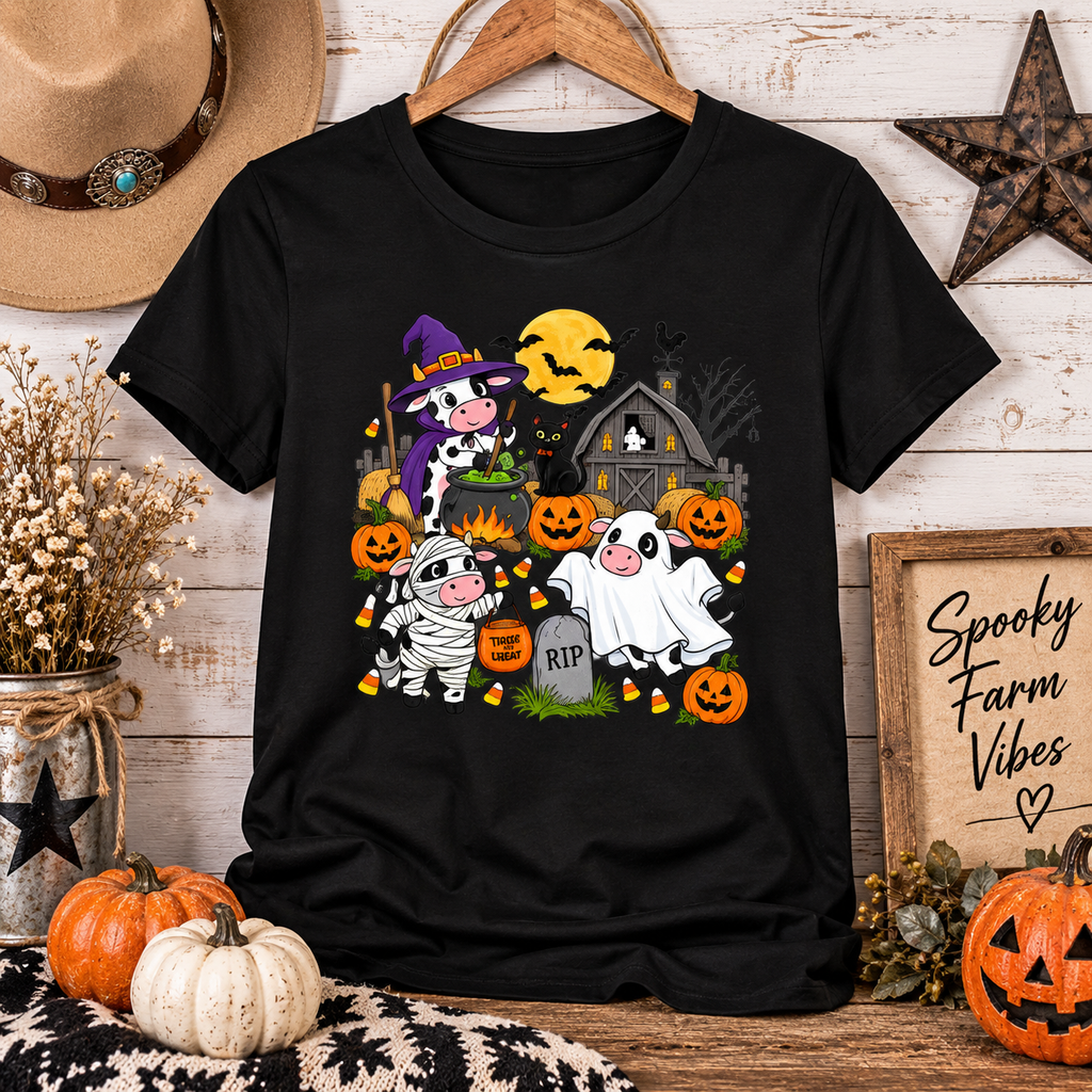 Spooky Farm Halloween Cows Women’s T-Shirt  Cute Trick or Treat Cow Tee