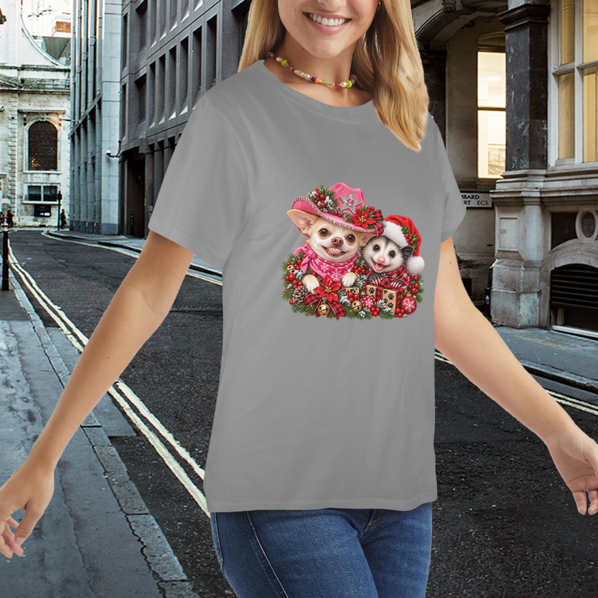 Coco & Pete’s Christmas Shenanigans Ladies T-Shirt – Funny Western Chihuahua & Possum Holiday Tee