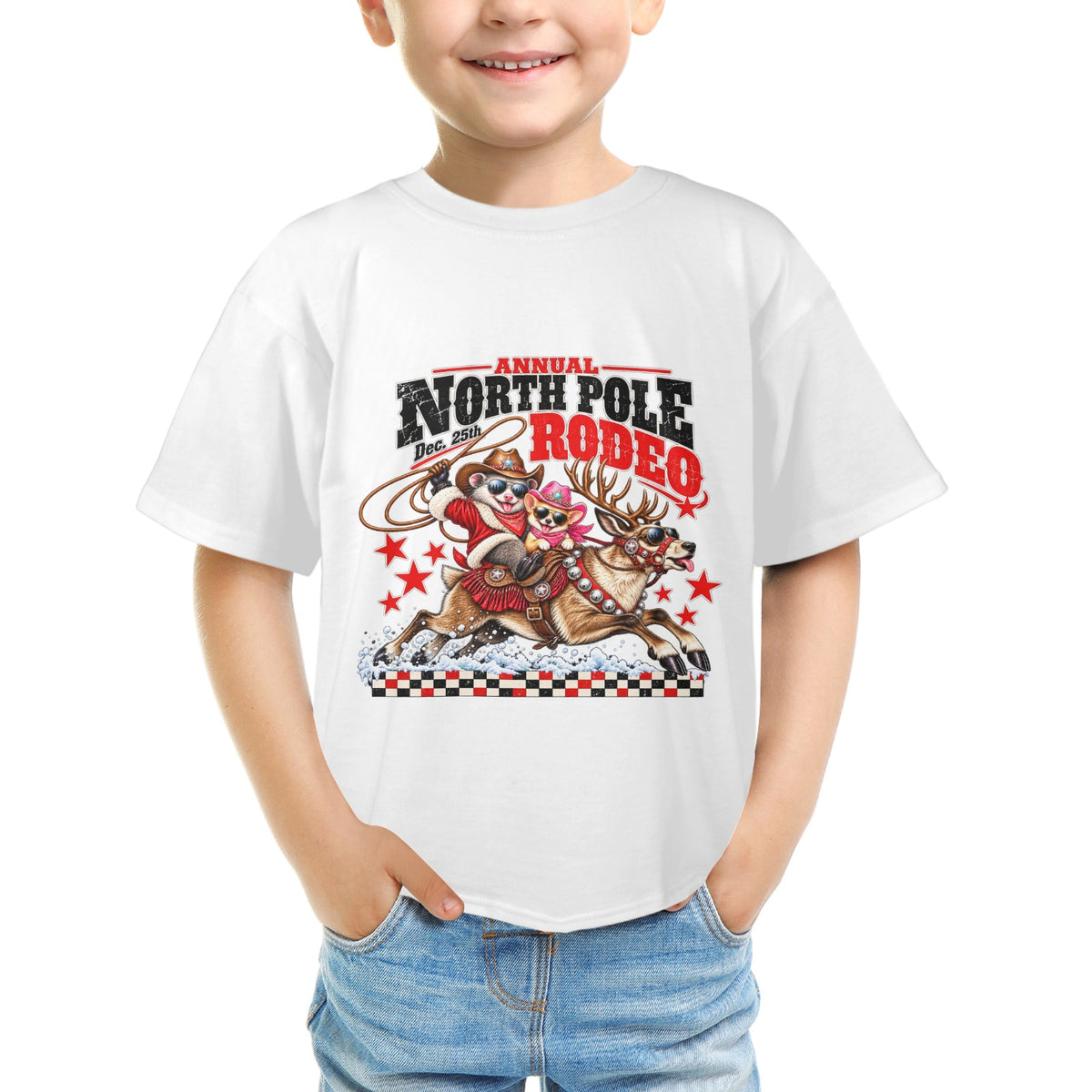 Pete & Coco North Pole Rodeo Youth T-Shirt  Western Christmas Reindeer Holiday Tee