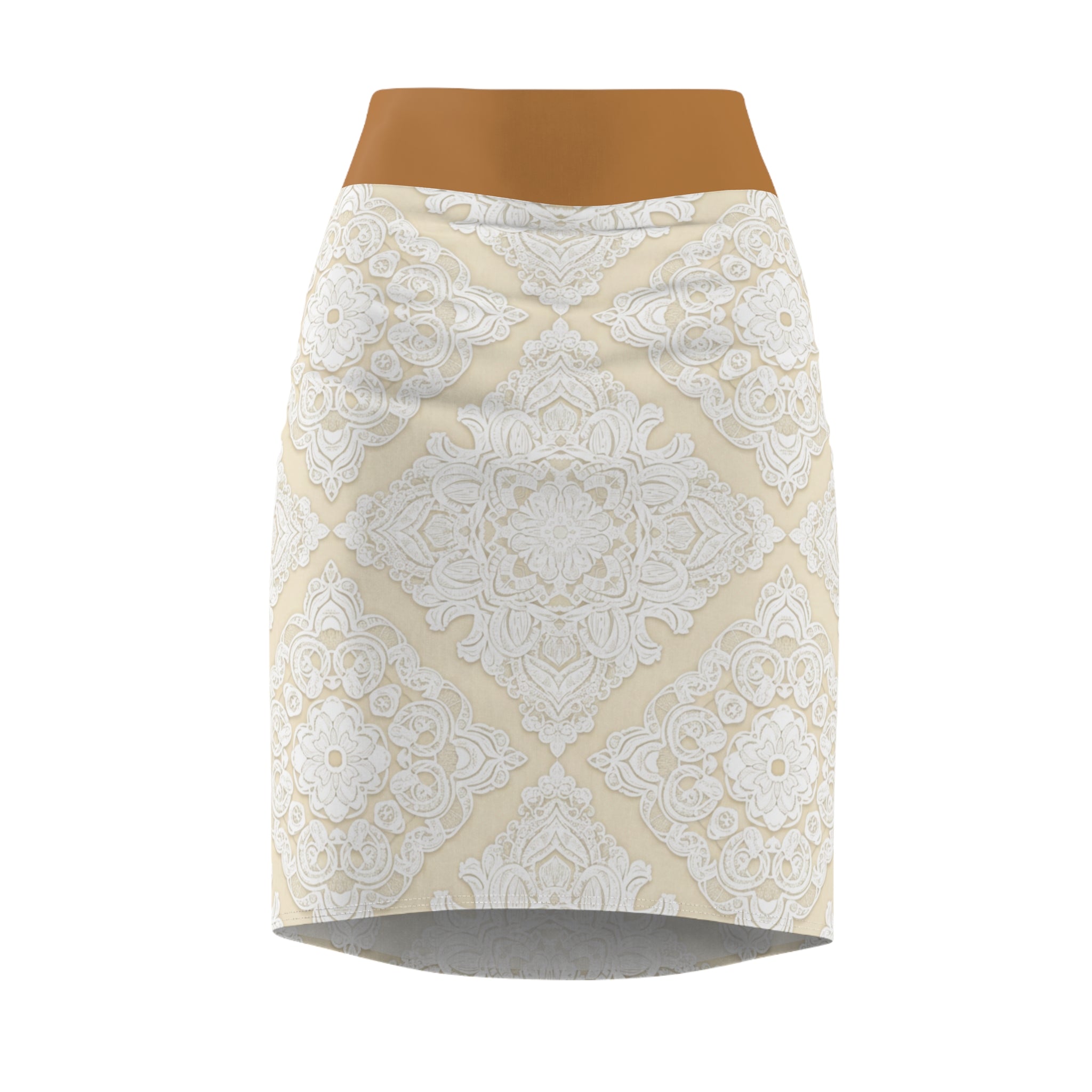 Classic Lace Medallion Pencil Skirt — Cream Vintage Floral Pattern