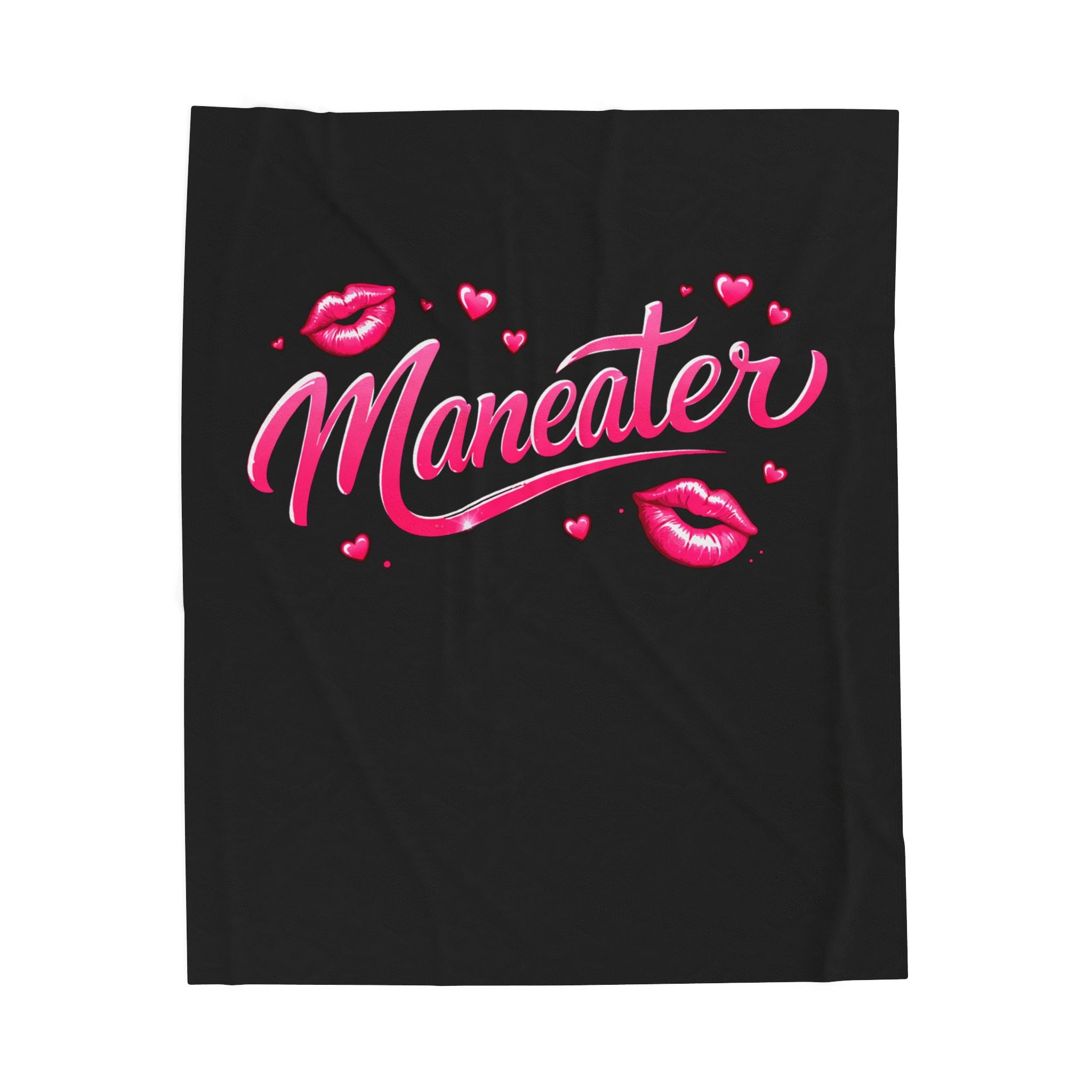 Maneater Velveteen Plush Blanket — Pink Script & Kiss Design, Cozy Gift for Her throw