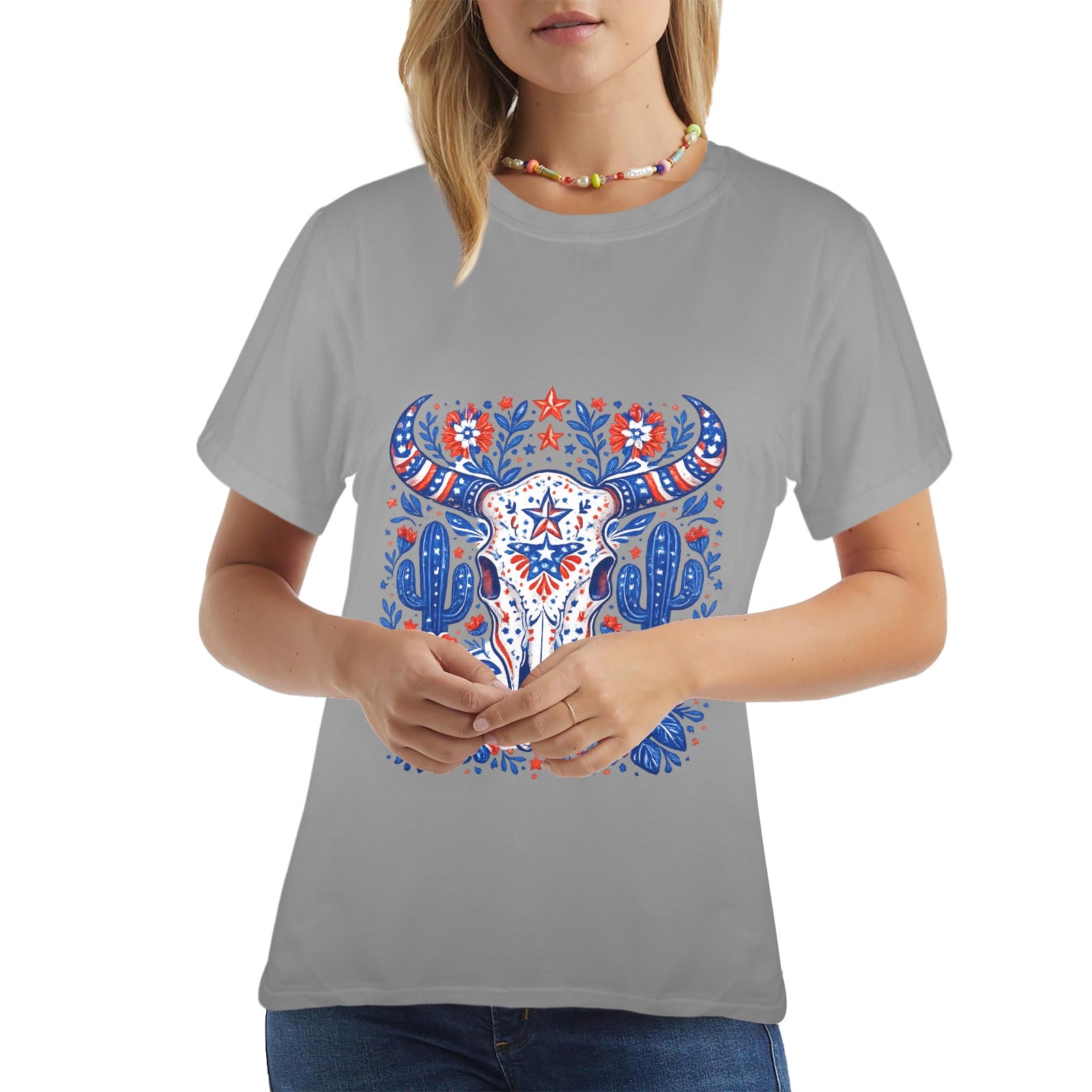 Patriotic Bull Skull T-Shirt — Western Folk Art Floral Longhorn Tee