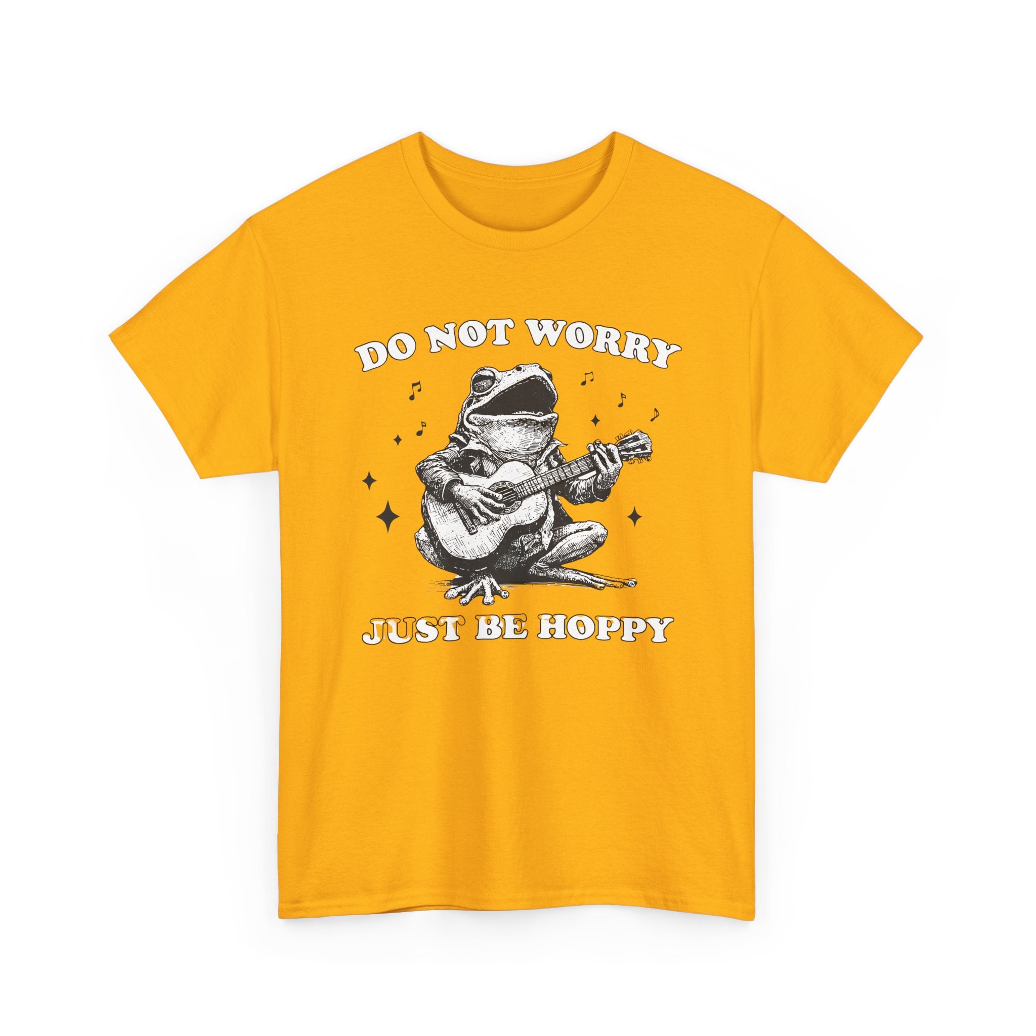 Do Not Worry Just Be Hoppy Frog Guitar Tee — Funny Positive Graphic T-Shirt