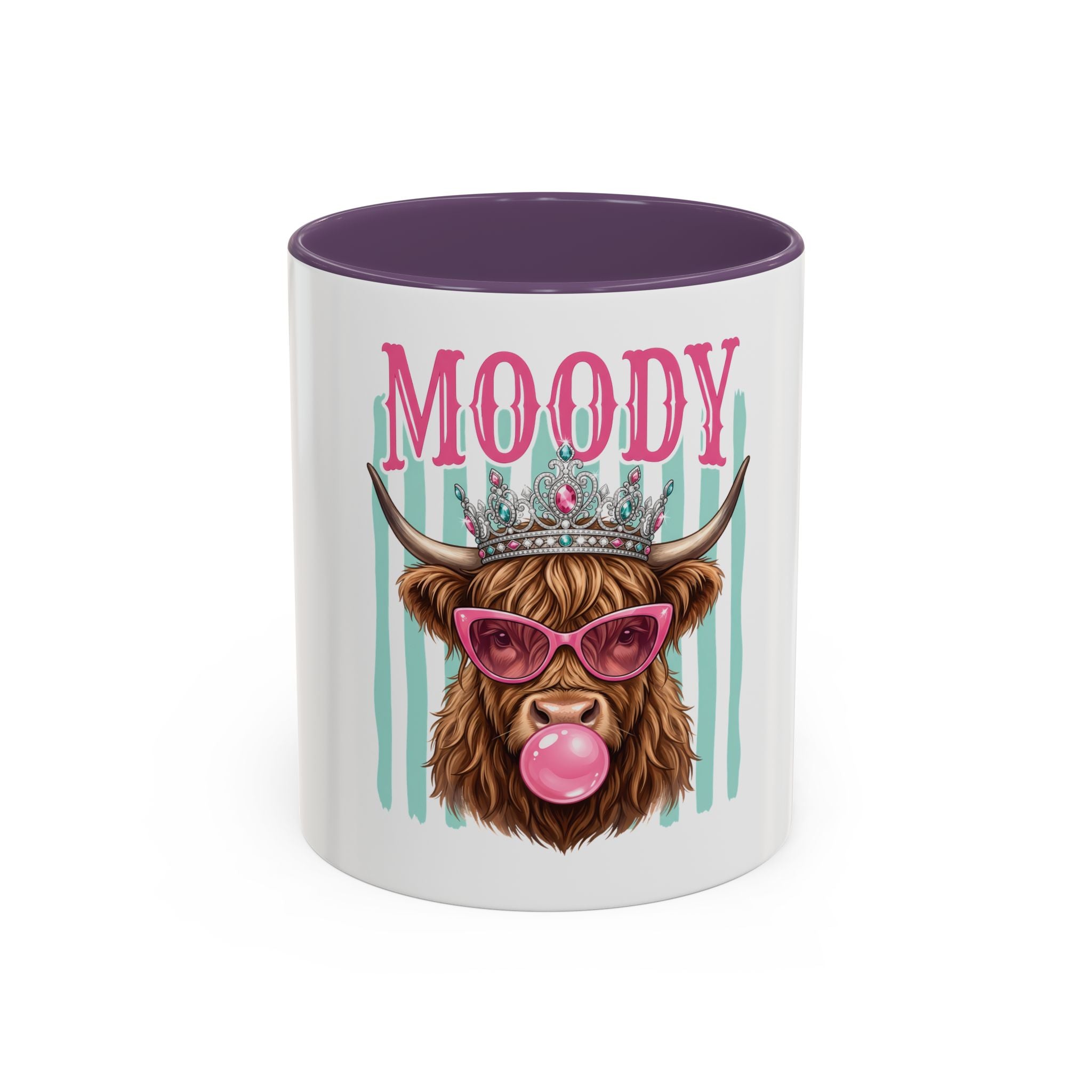 Moody Highland Cow Coffee Mug — Funny Crowned Cow with Bubblegum | Gift for Cow Lovers