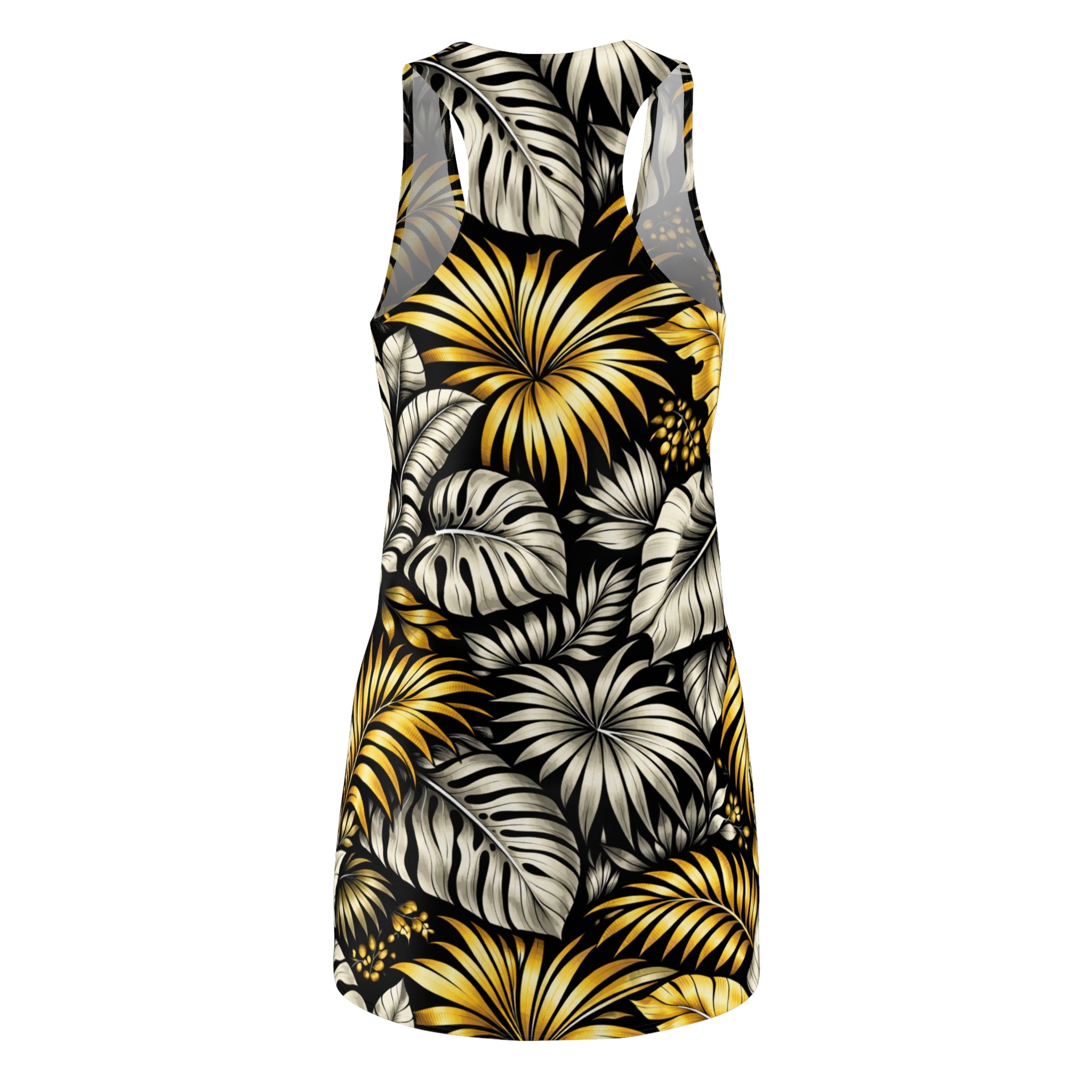 Tropical Gold Leaf Racerback Dress – Floral All-Over Print