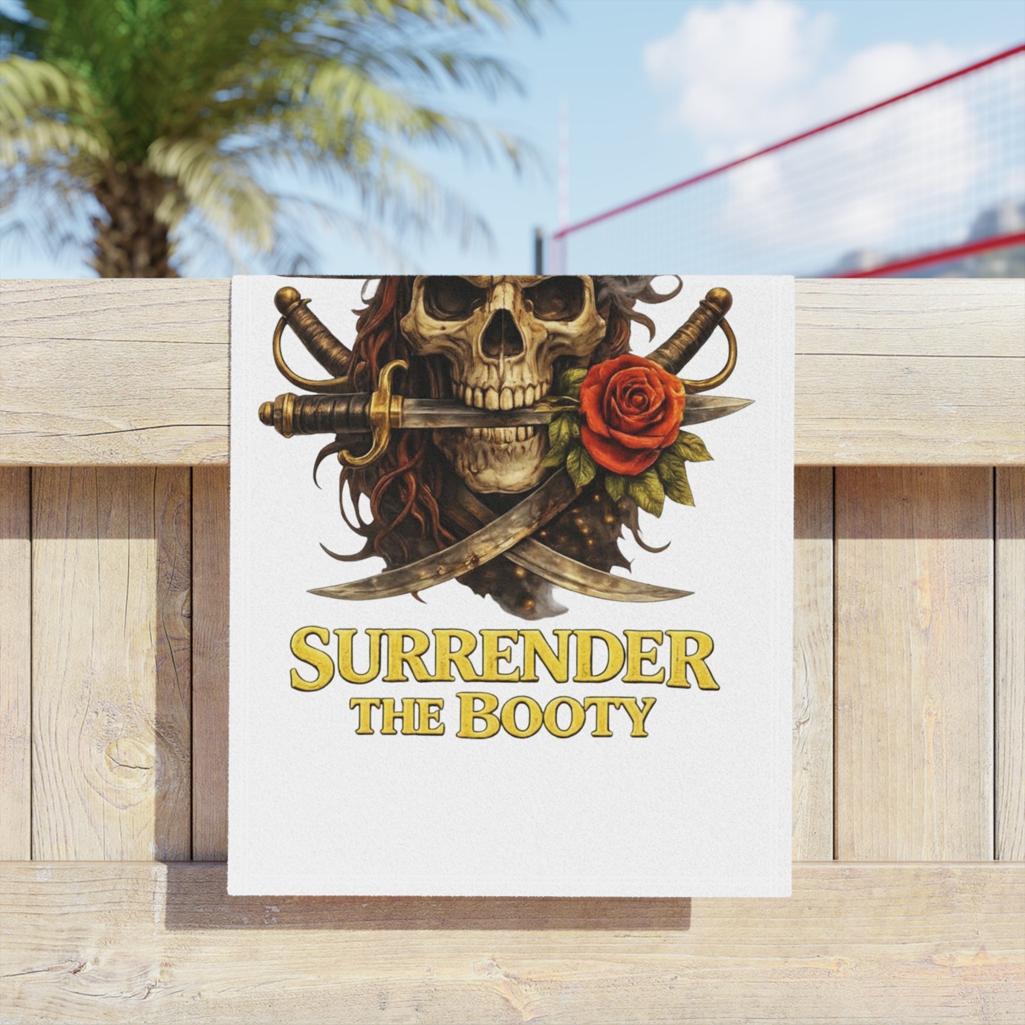 Pirate Skull Beach Towel — "Surrender the Booty" Tropical Pirate Towel