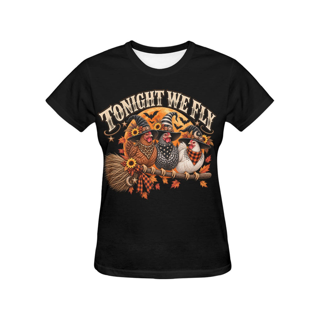 Tonight We Fly Witchy Hens Ladies Halloween T-Shirt Western Farm  (Ships to USA Only)