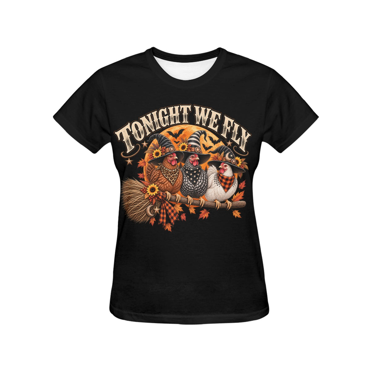 Tonight We Fly Witchy Hens Ladies Halloween T-Shirt Western Farm  (Ships to USA Only)