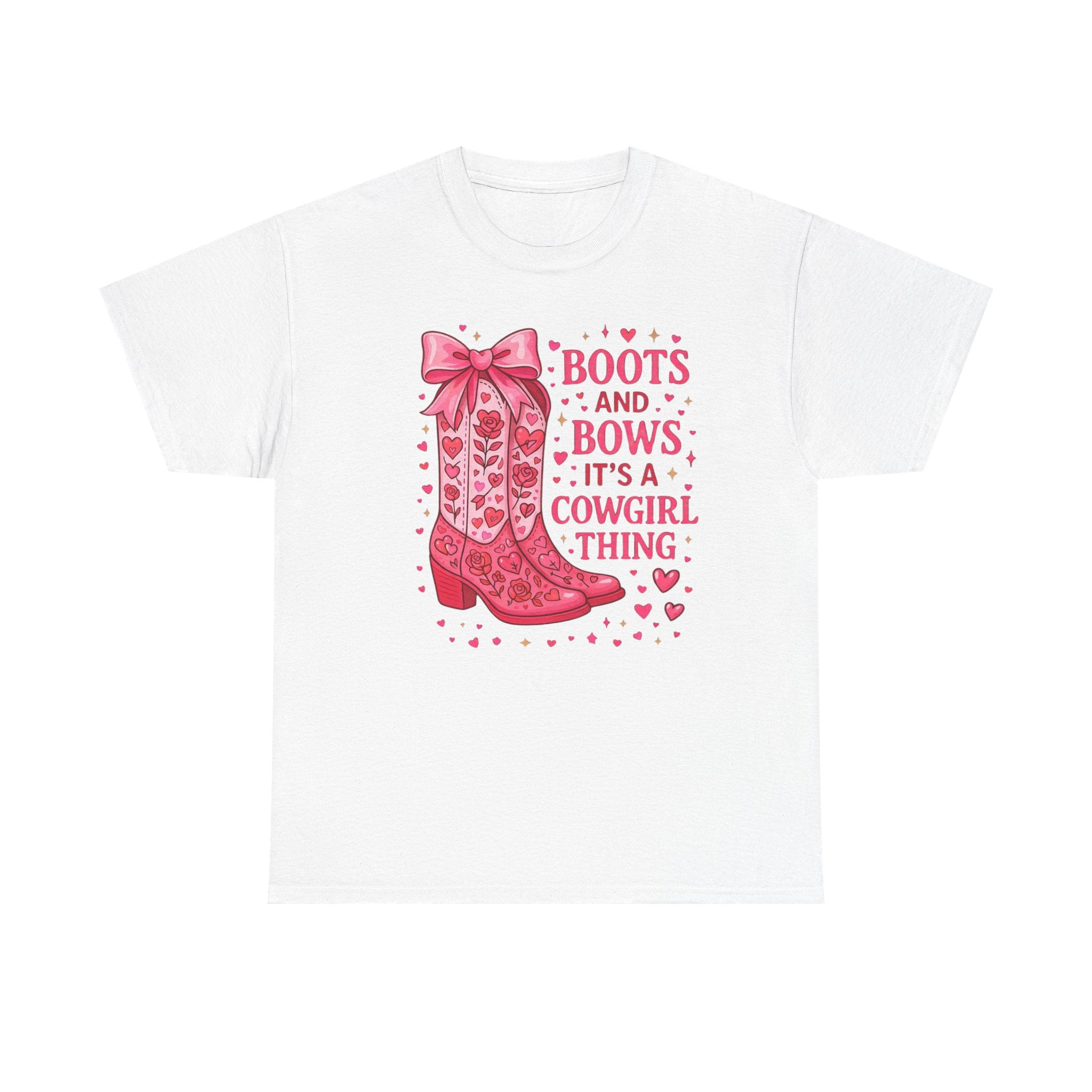 Cowgirl Boots and Bows T‑Shirt — "Boots and Bows, It's a Cowgirl Thing" Pink Western Tee  Trendy Farm