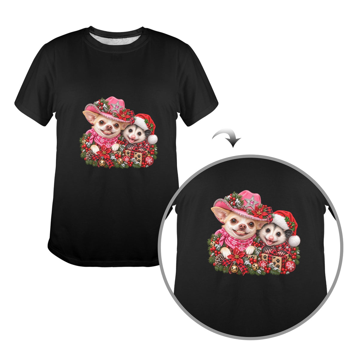 Coco & Pete’s Christmas Shenanigans Ladies T-Shirt – Funny Western Chihuahua & Possum Holiday Tee