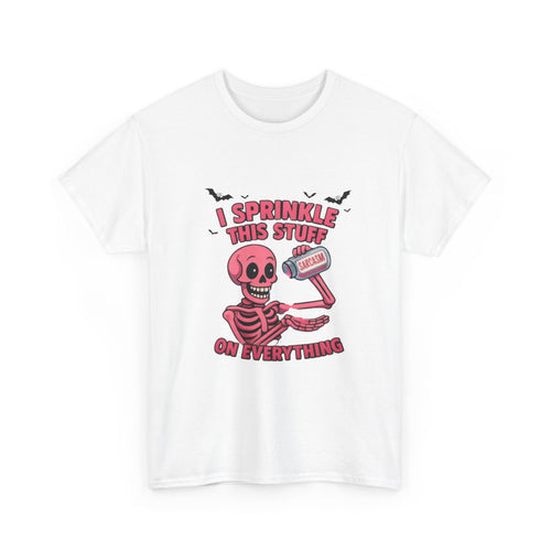 "I Sprinkle This Stuff on Everything" Sarcasm Skeleton Halloween T-Shirt — Funny Pink Skeleton Bats Spooky Tee | Wolf Hill Designs