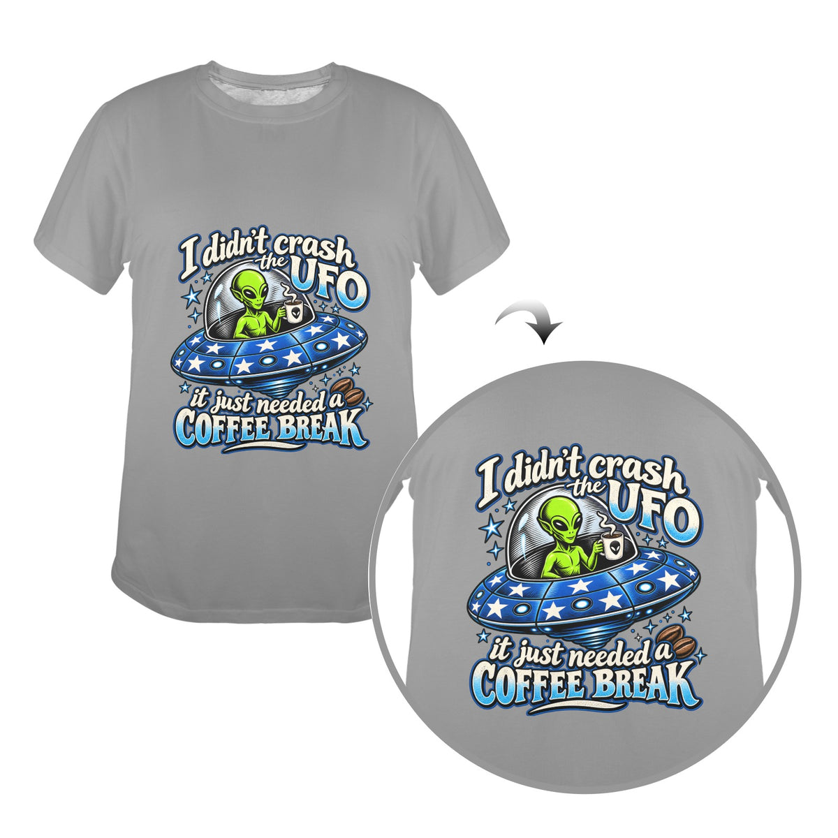 Alien Coffee Break Ladies T-Shirt  Funny UFO Retro Alien Coffee Lover Graphic Tee