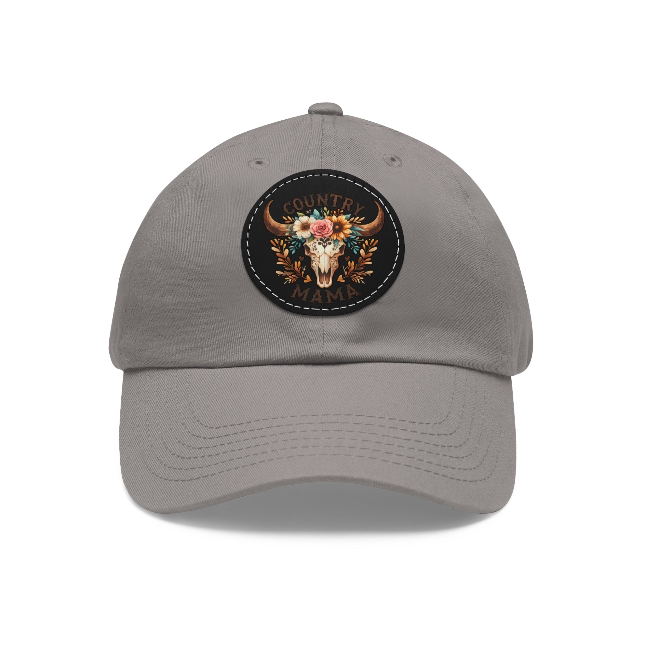 Country Mama Leather Patch Dad Hat — Floral Bull Skull Cap