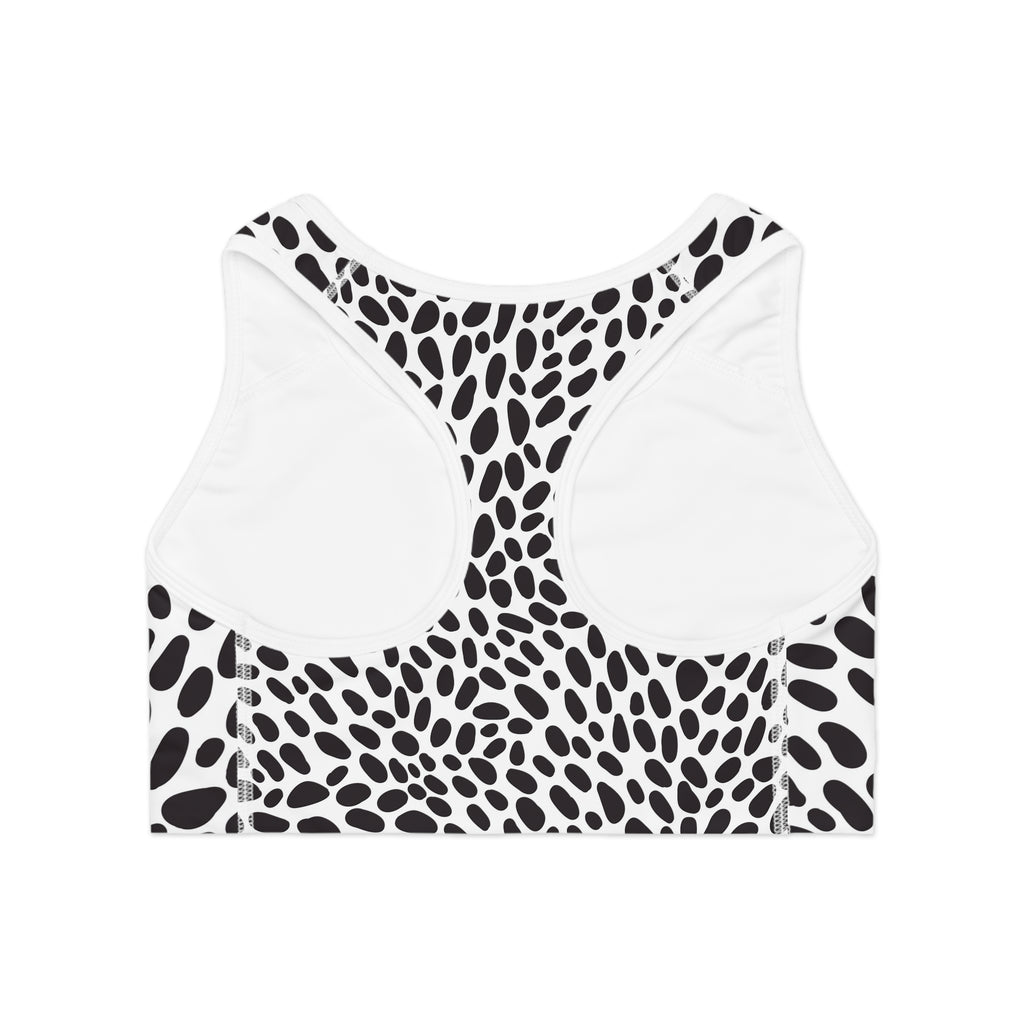 Black & White Dalmatian Spot Sports Bra — Stretchy All-Over Print Activewear