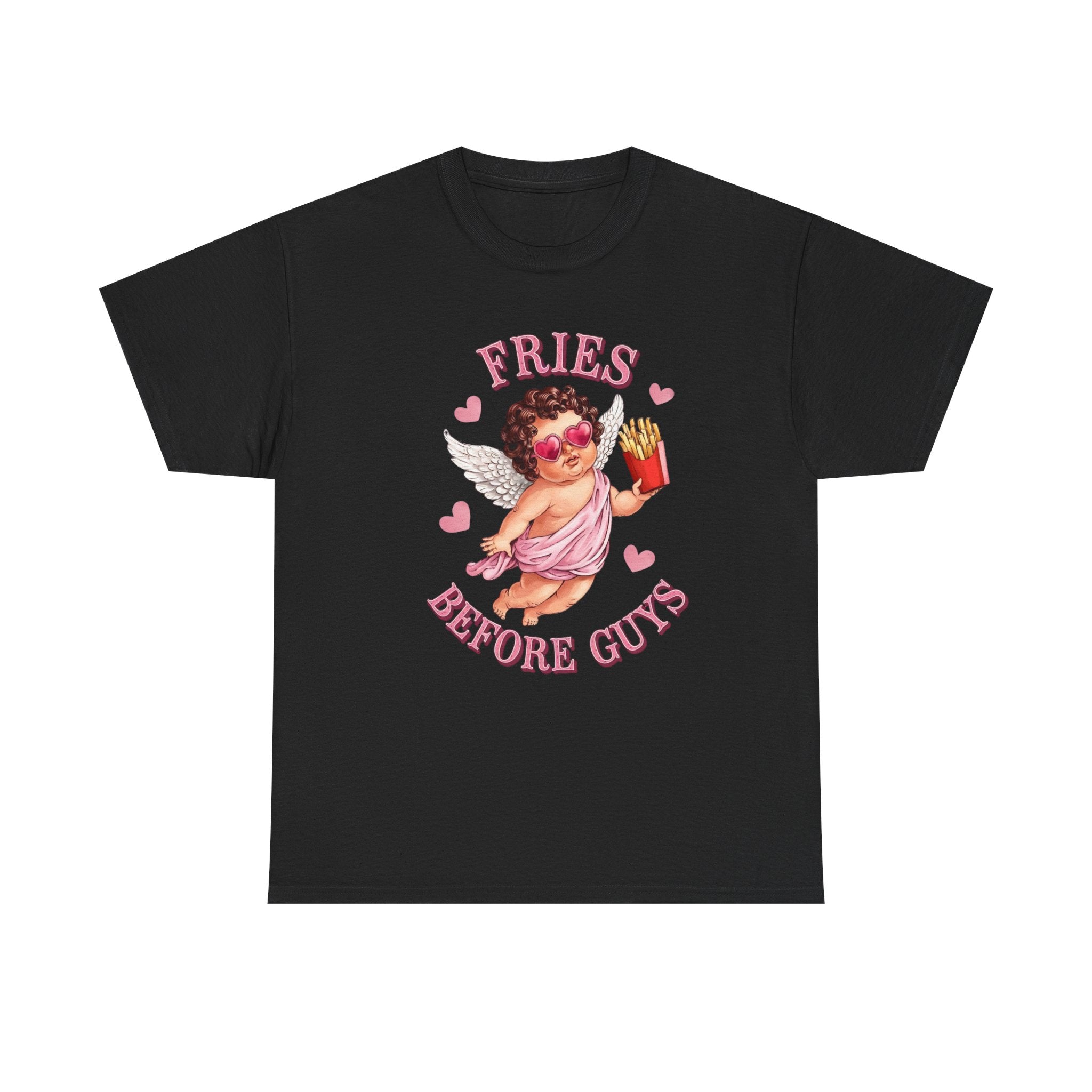 Fries Before Guys Valentine T‑Shirt — Cute Cupid with Fries Tee
