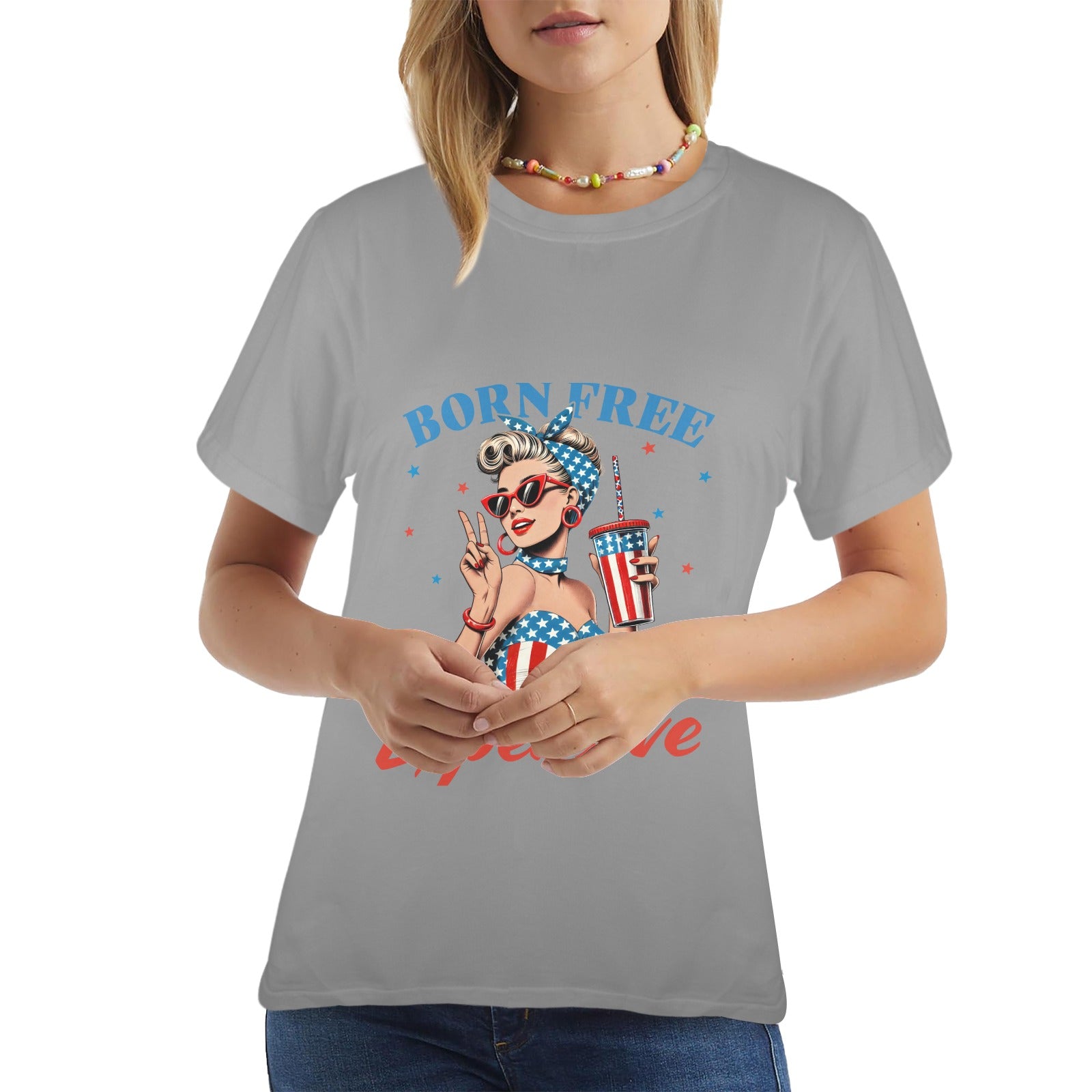 Born Free But Now I'm Expensive  Patriotic Pin-Up Graphic T-Shirt ladies