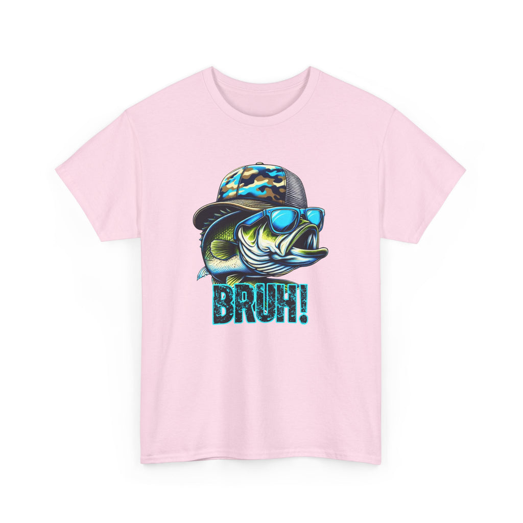Fishing Fish Graphic Tee — 'BRUH!' Bass with Camo Hat & Sunglasses