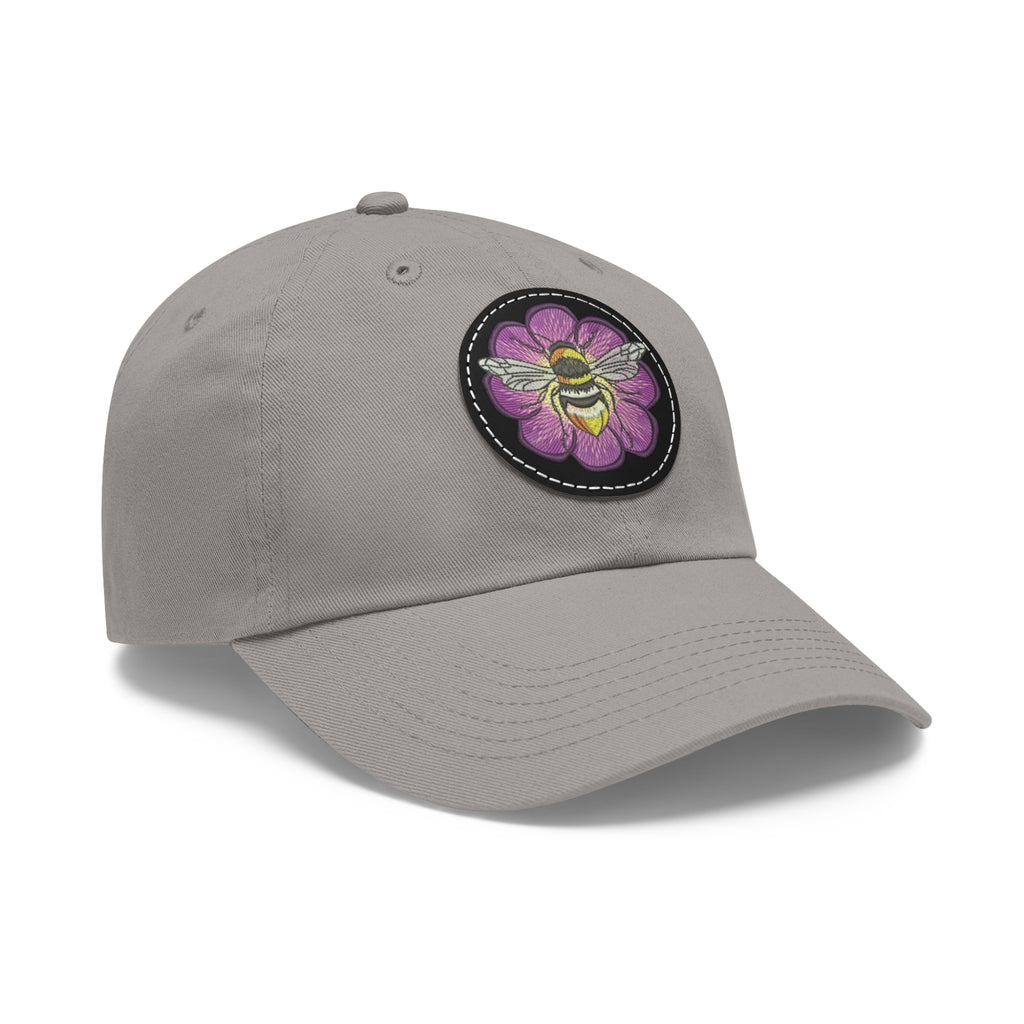 Bee on Purple Flower Leather Patch Dad Hat — Embroidered Nature Cap