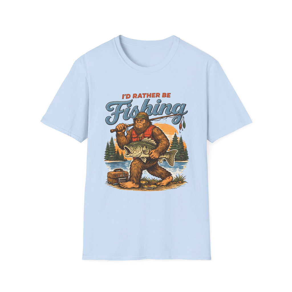 I'd Rather Be Fishing T-Shirt — Bigfoot / Sasquatch Fishing Graphic Tee