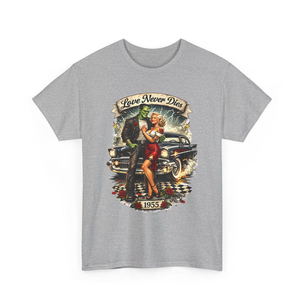 1950s Pinup Car Tee — "Love Never Dies" Vintage Rockabilly T-Shirt