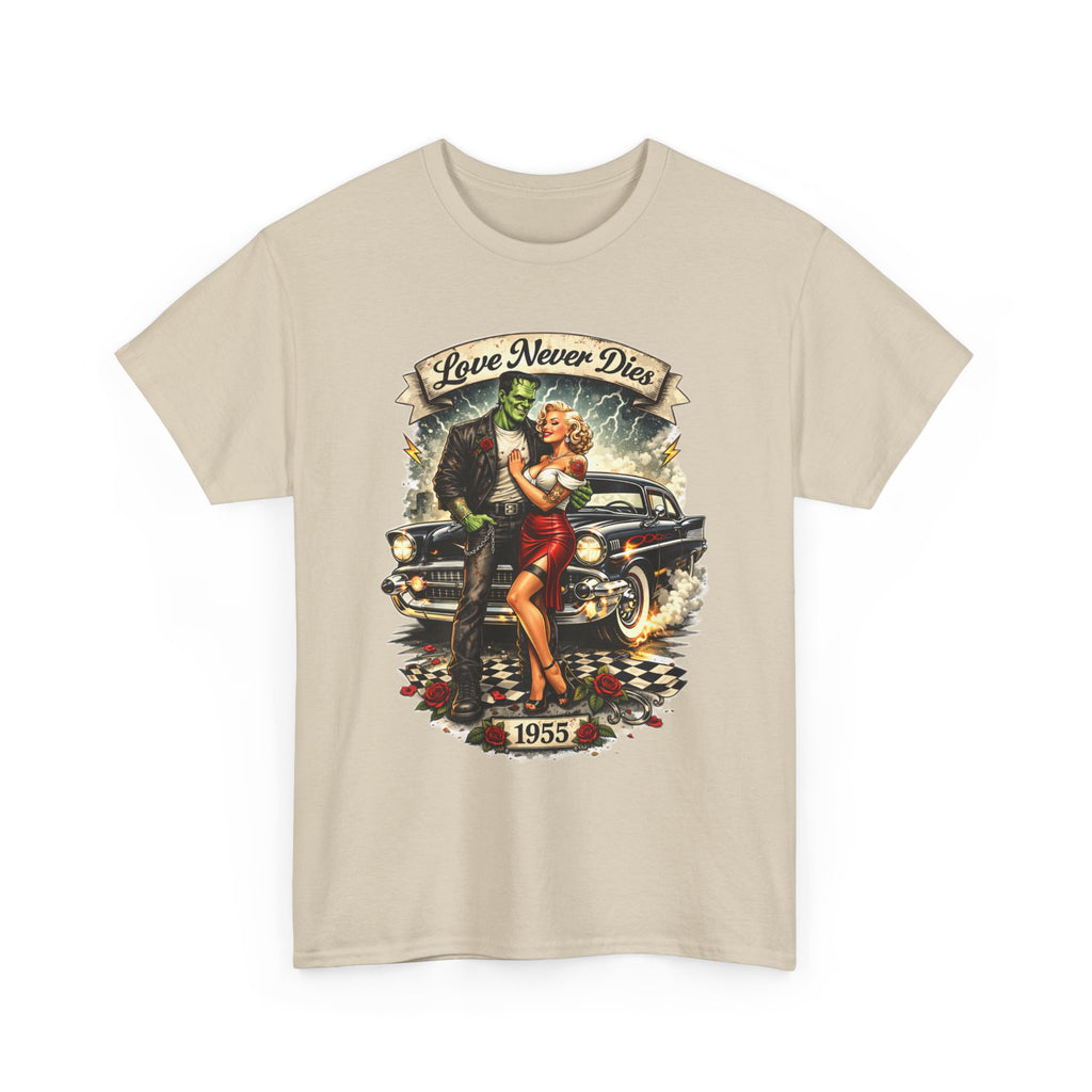 1950s Pinup Car Tee — "Love Never Dies" Vintage Rockabilly T-Shirt