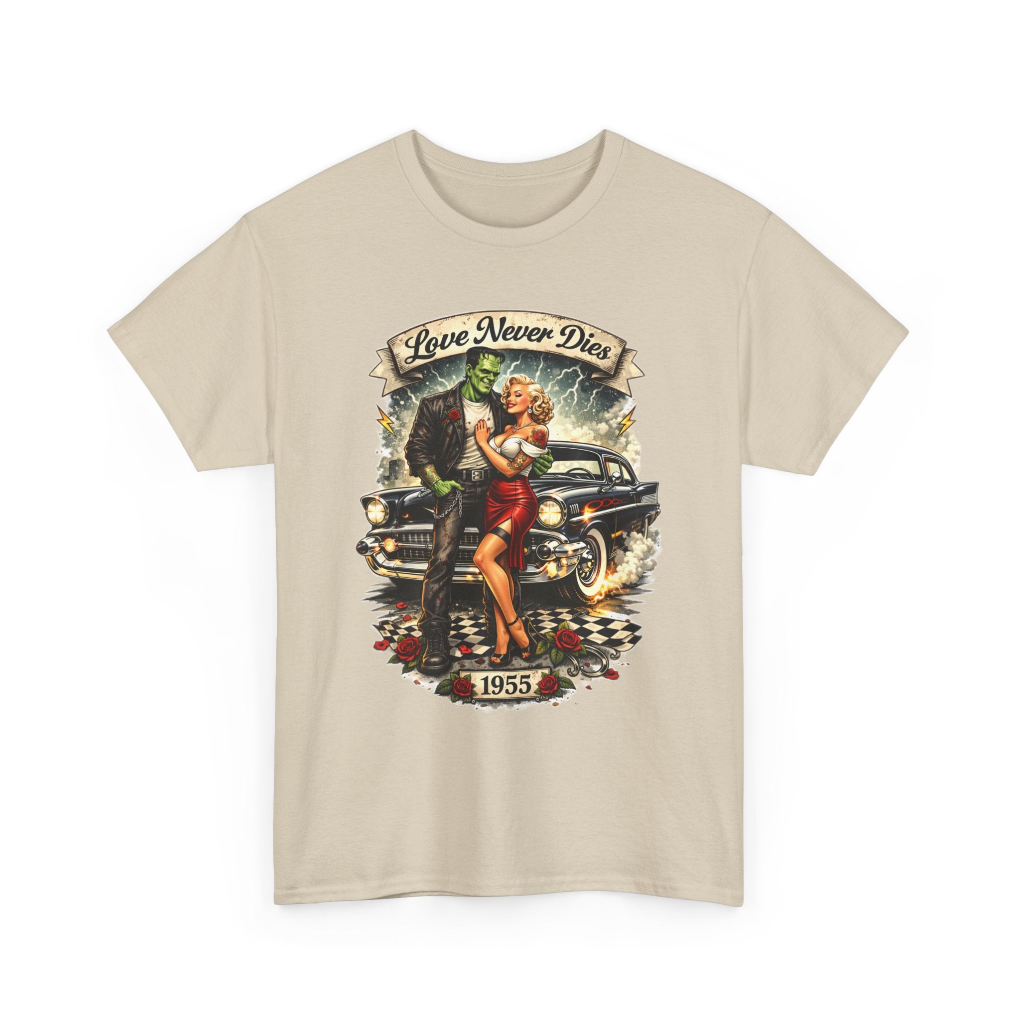 1950s Pinup Car Tee — "Love Never Dies" Vintage Rockabilly T-Shirt
