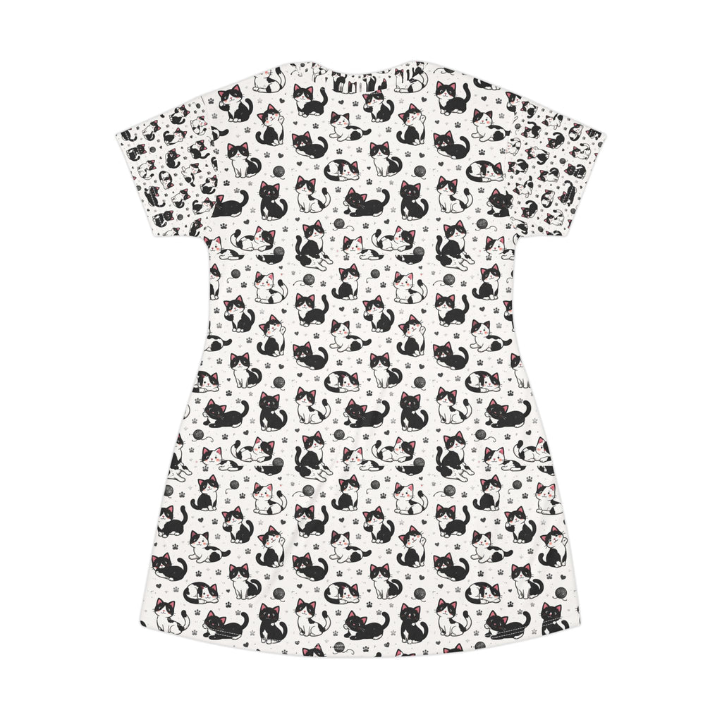 Cat Pattern T-Shirt Sleep Dress — Black & White Cat