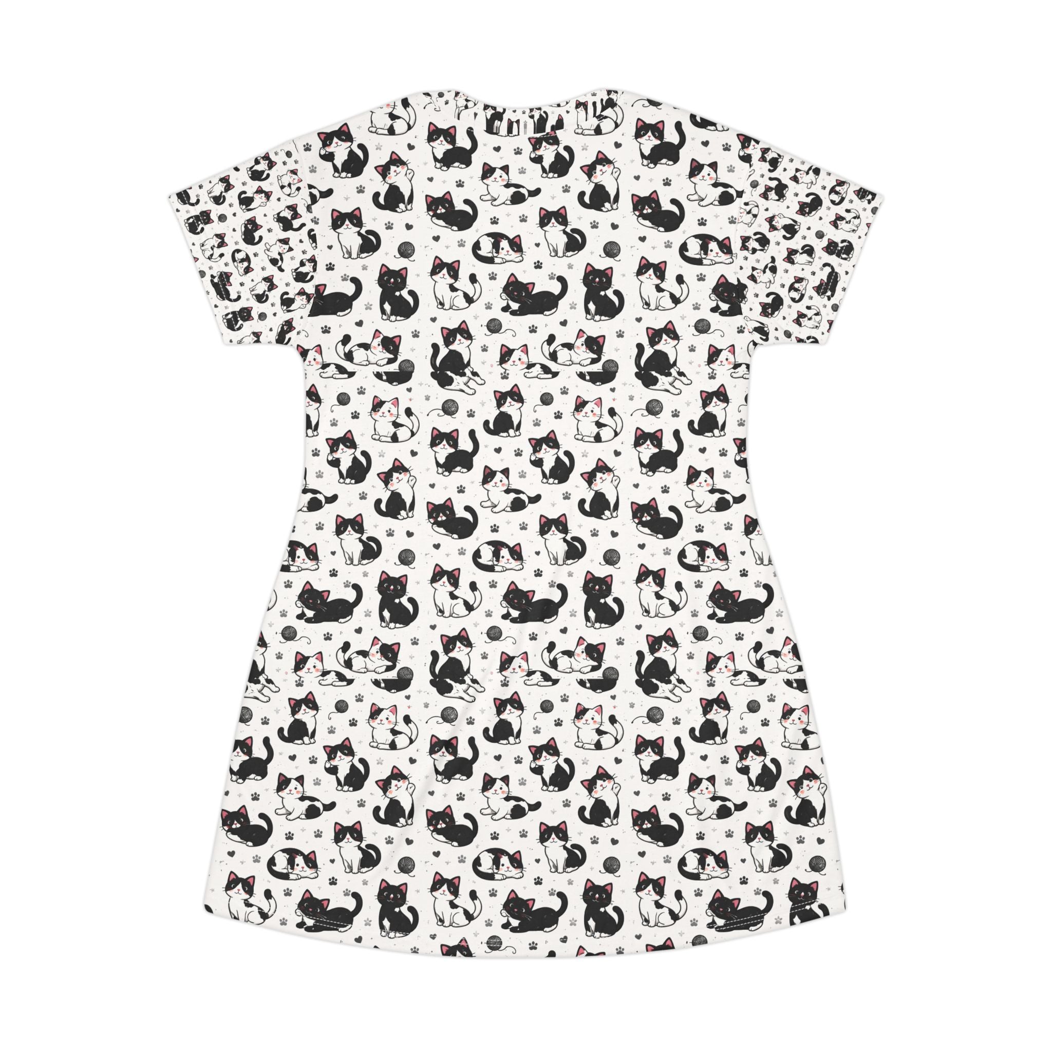 Cat Pattern T-Shirt Sleep Dress — Black & White Cat