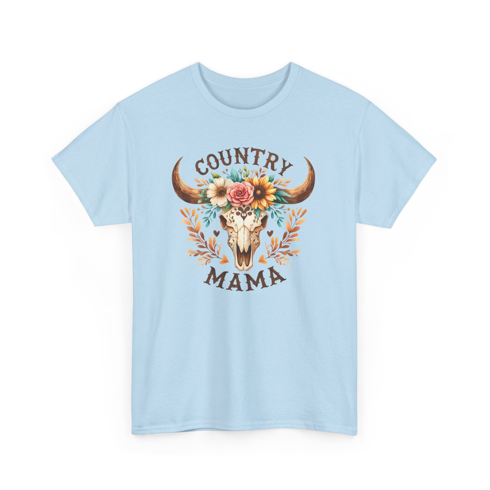 Country Mama T‑Shirt — Floral Steer Skull Design for Moms (Mother's Day, Farm Life)