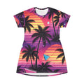 Retro Sunset Palm T-Shirt Dress — Vibrant 80s Tropical Beach Print