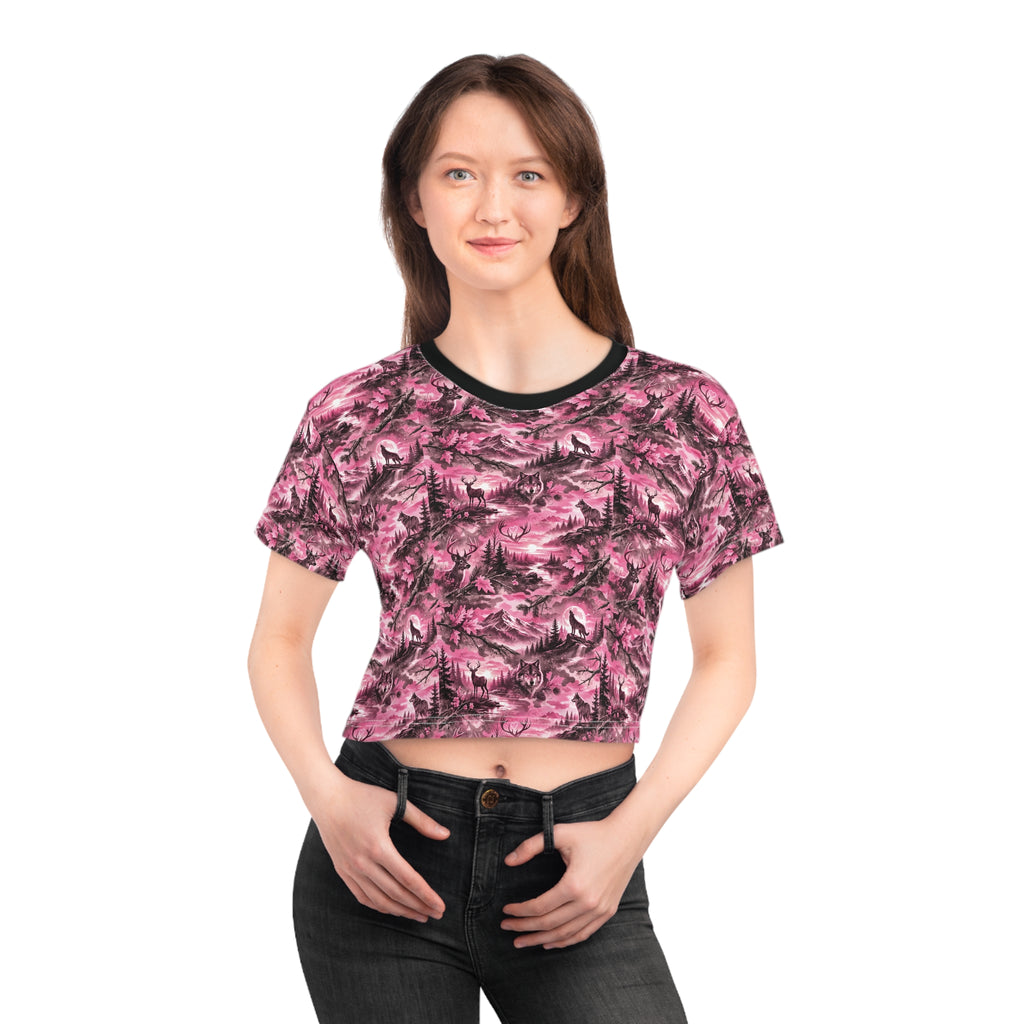 Pink Mountain Landscape Crop Tee — Vintage Wilderness All-Over Print