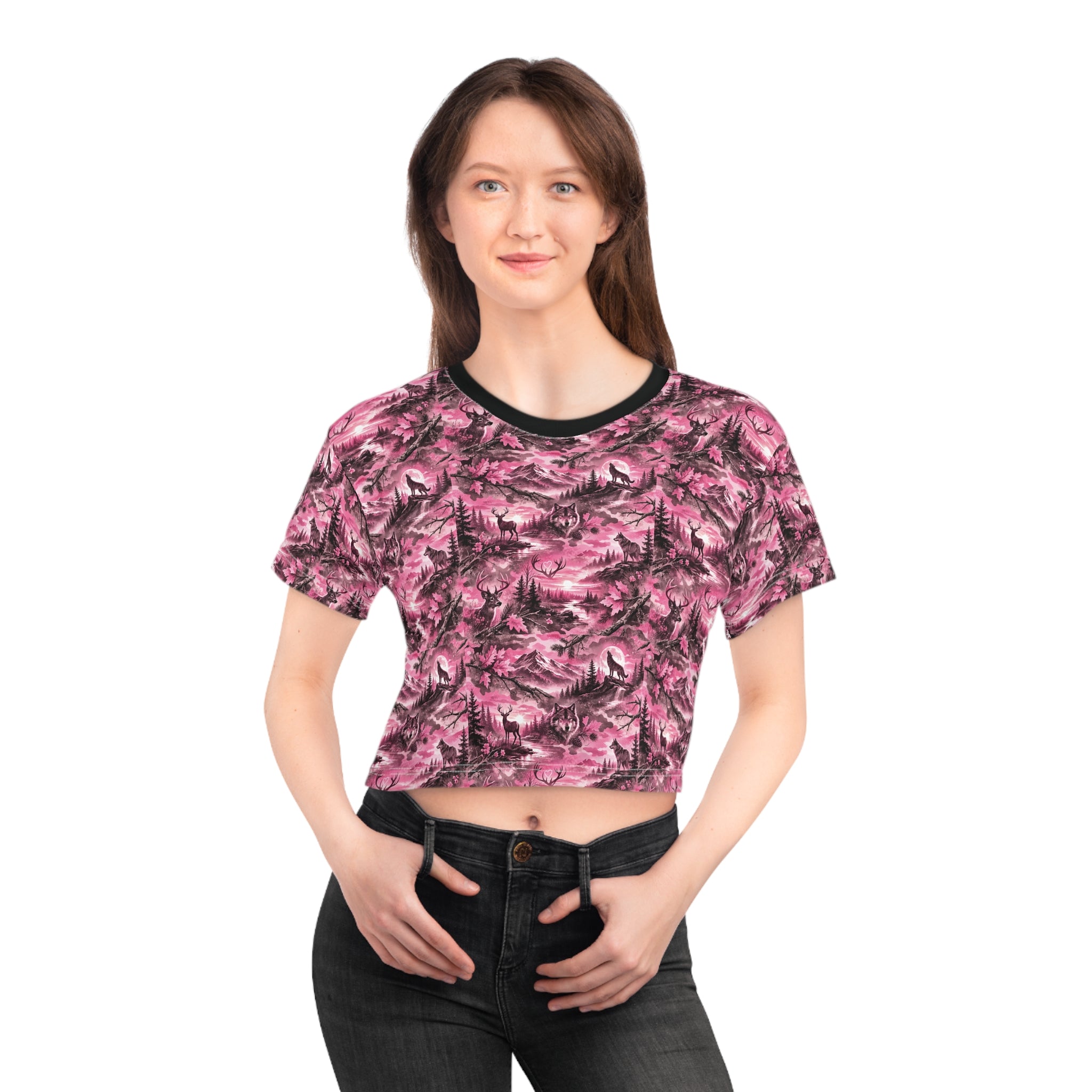 Pink Mountain Landscape Crop Tee — Vintage Wilderness All-Over Print